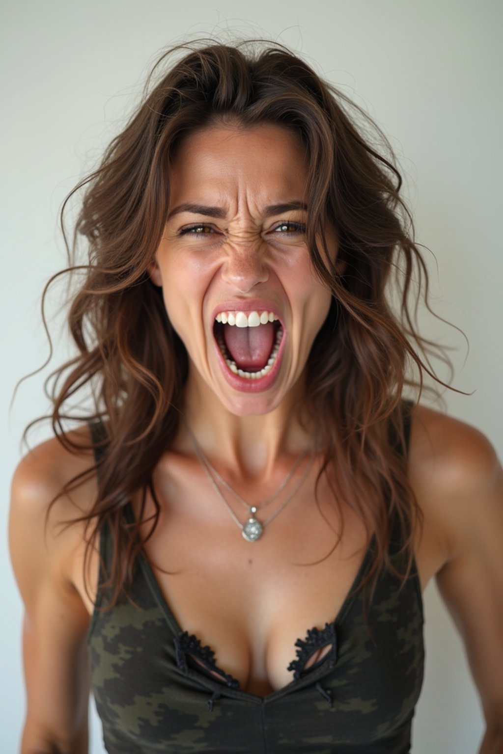 exaggerated angry furious rage woman, blank background