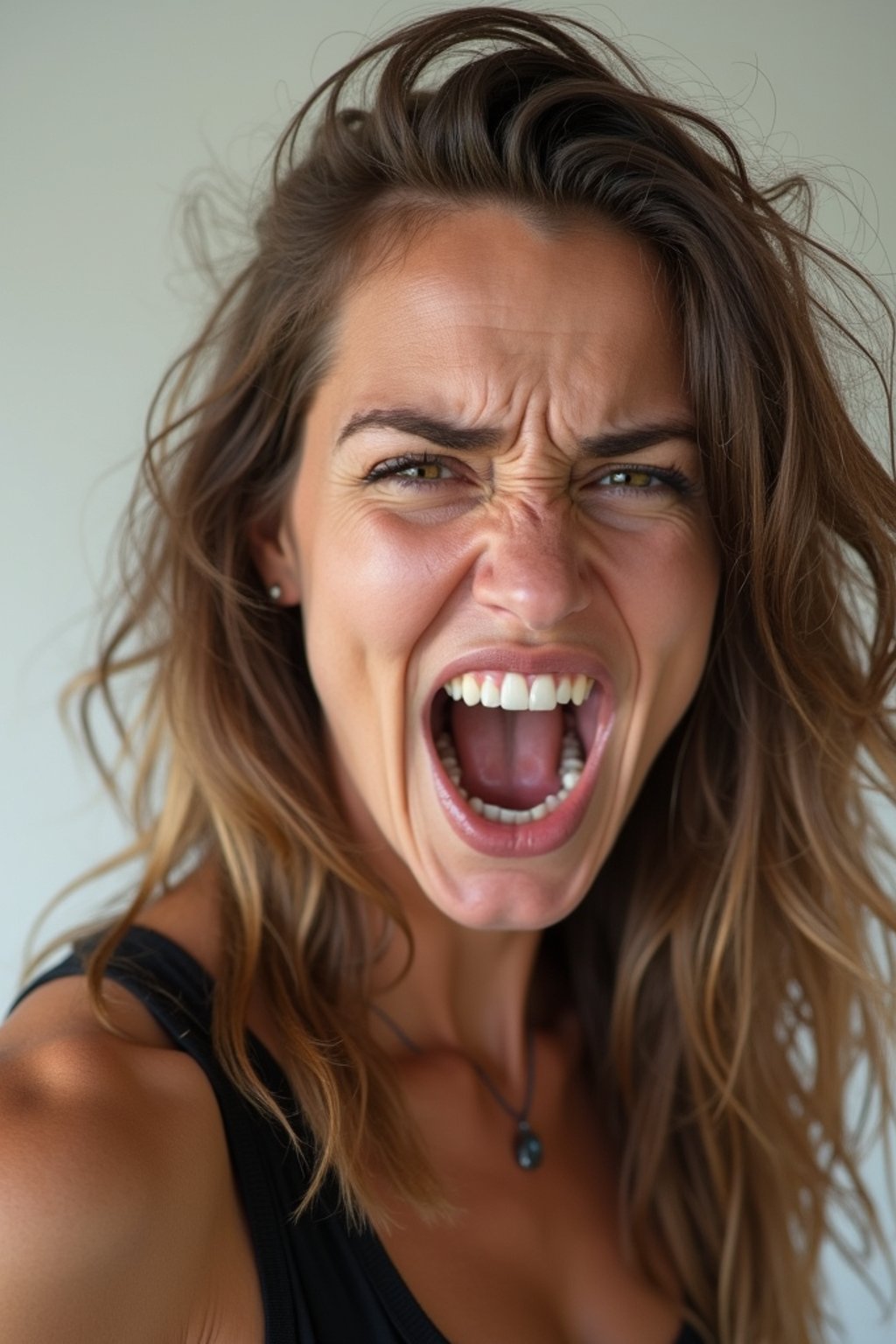 exaggerated angry furious rage woman, blank background