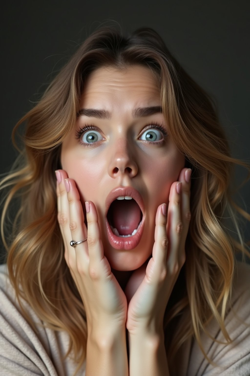 exaggerated faces of woman expressing shock holding own face in hands