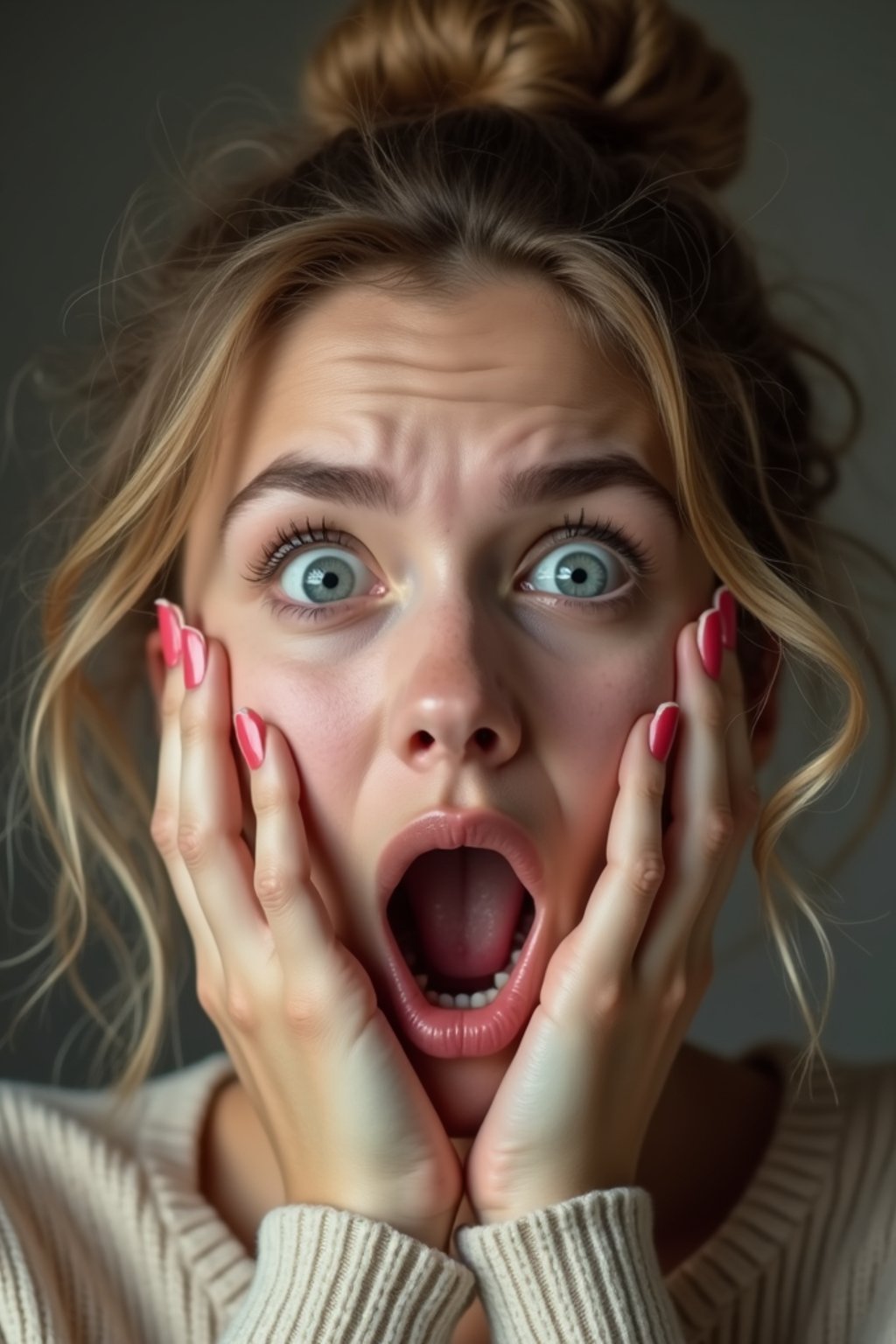 exaggerated faces of woman expressing shock holding own face in hands