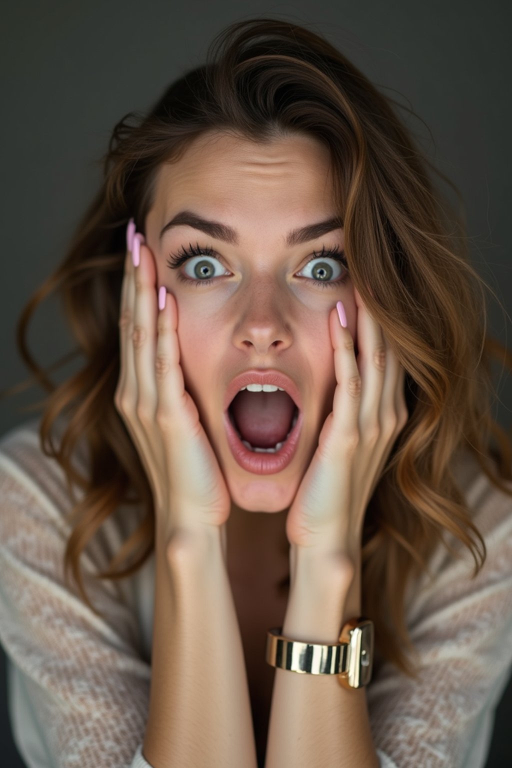 exaggerated faces of woman expressing shock holding own face in hands