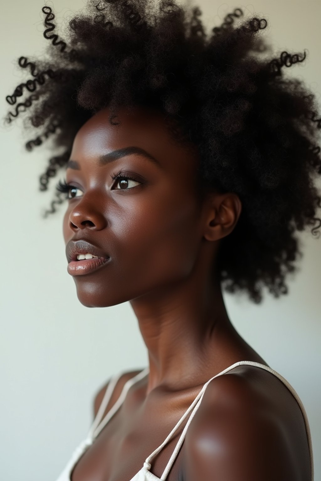 looking away, looking aside, gazing off woman, blank background