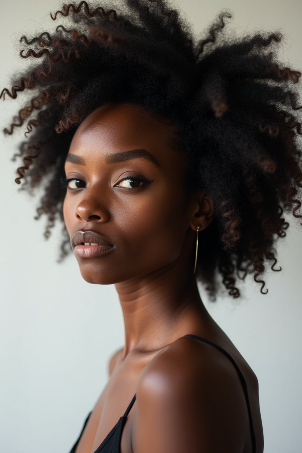 looking away, looking aside, gazing off woman, blank background