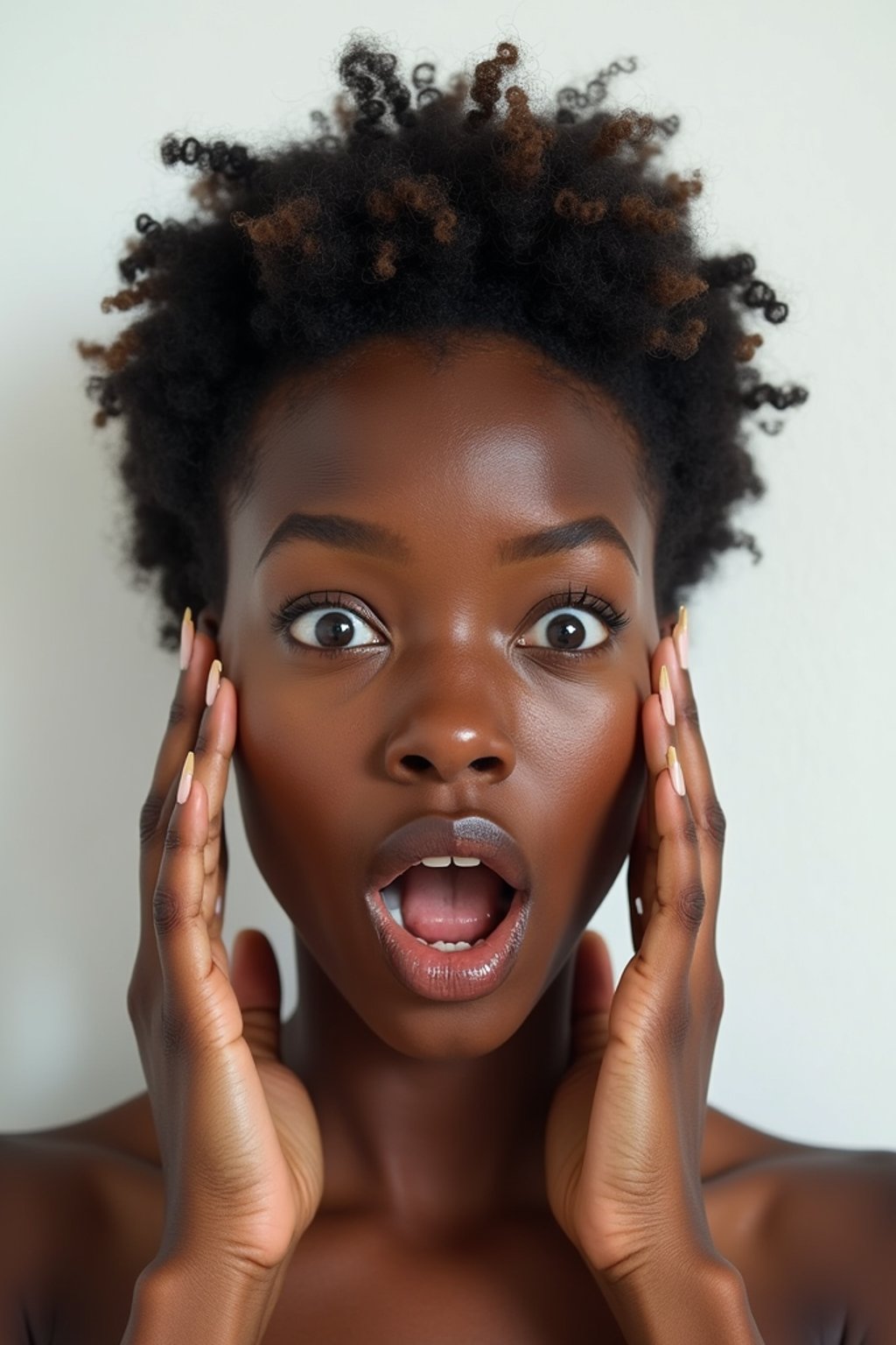 exaggerated surprised shocked shock astonished startled stunned surprise woman, blank background