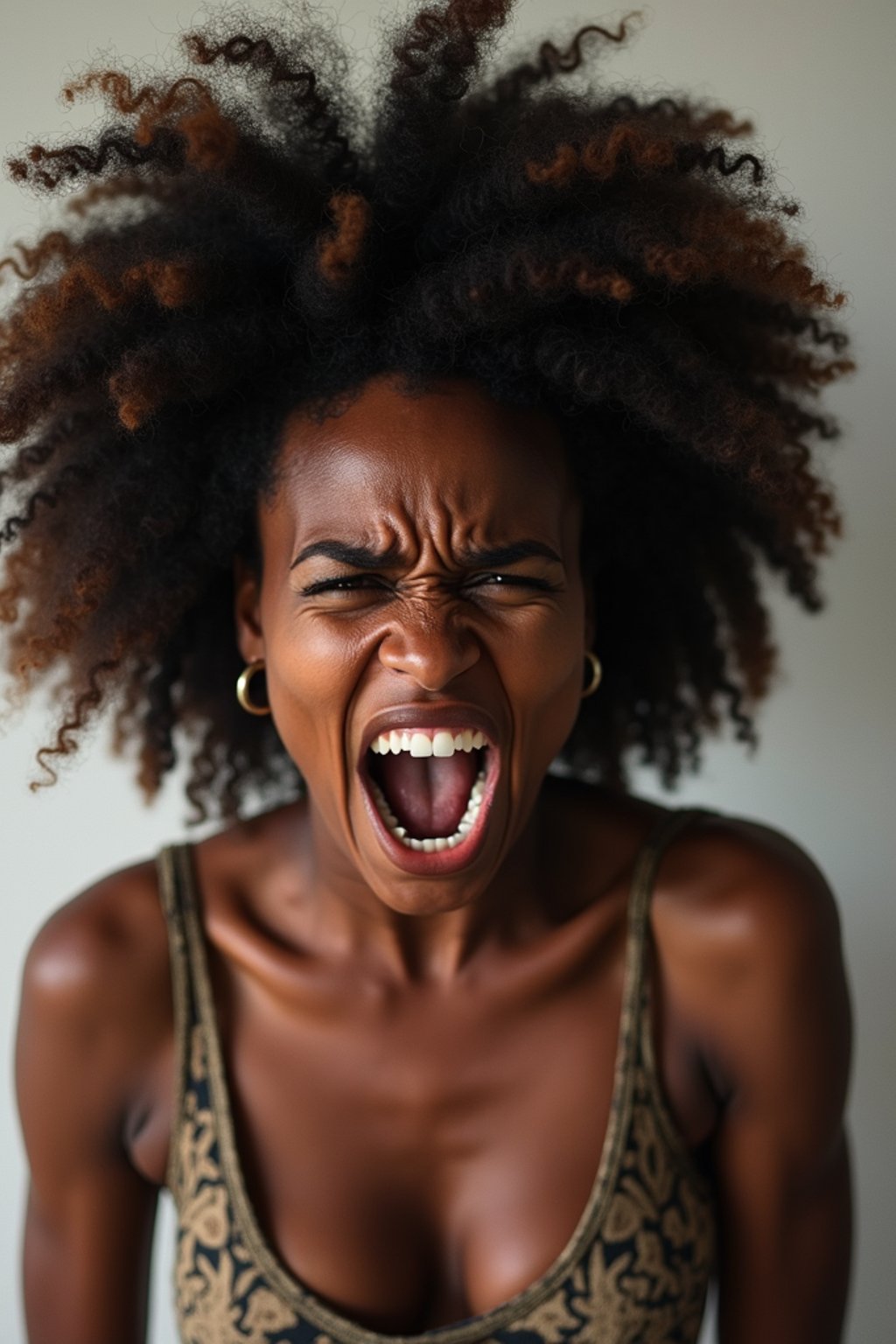 exaggerated angry furious rage woman, blank background