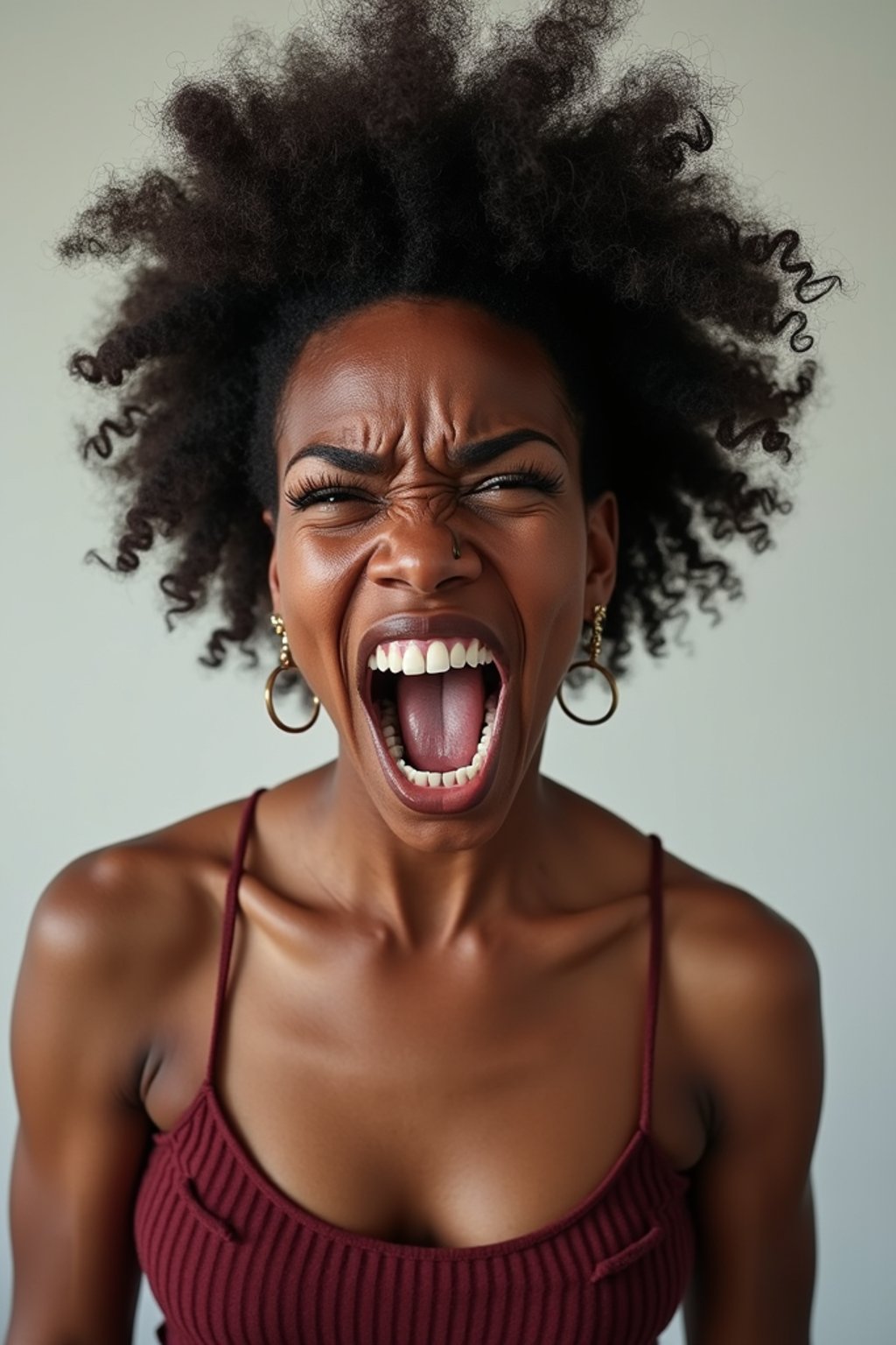 exaggerated angry furious rage woman, blank background