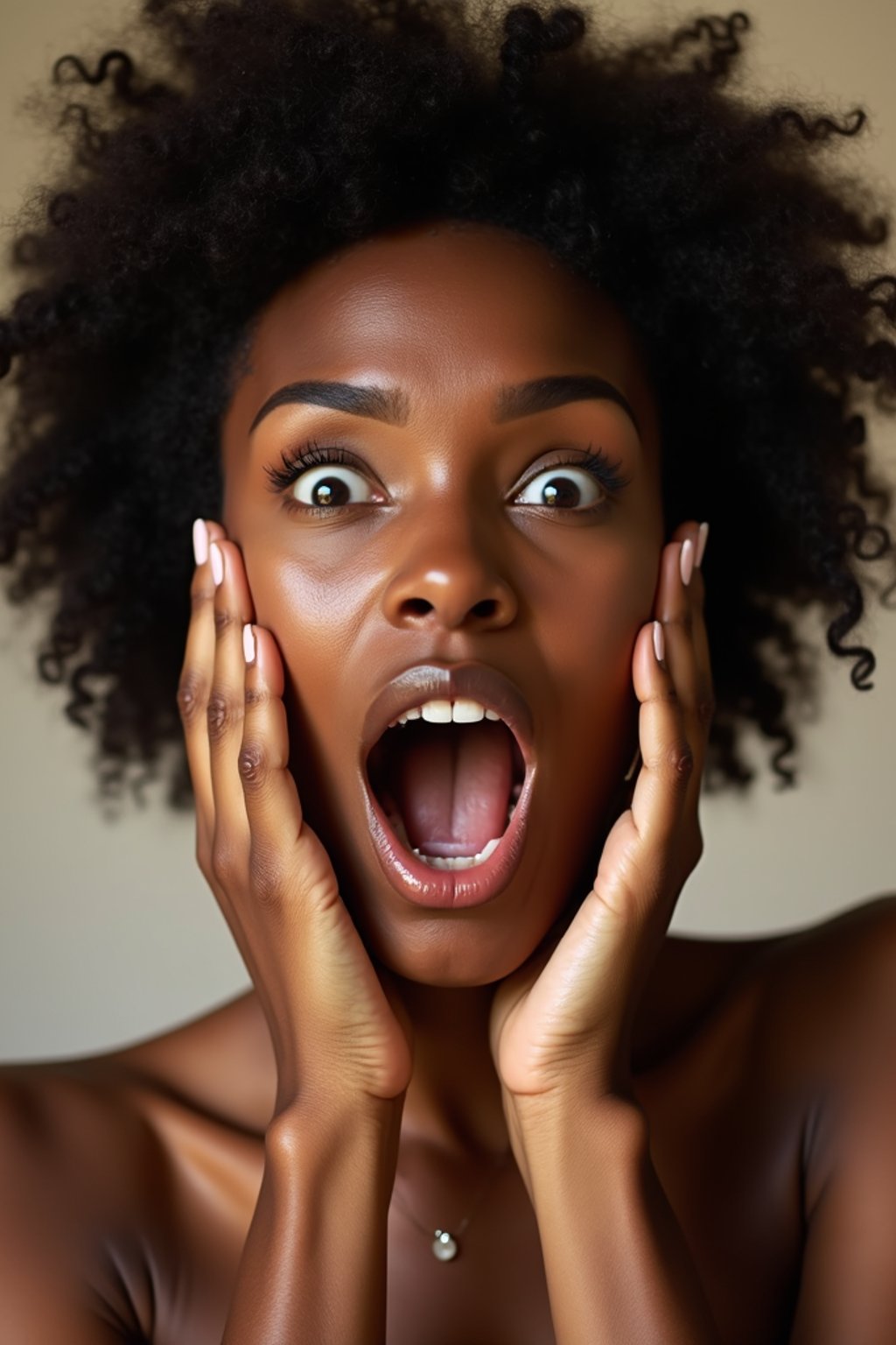 exaggerated faces of woman expressing shock holding own face in hands