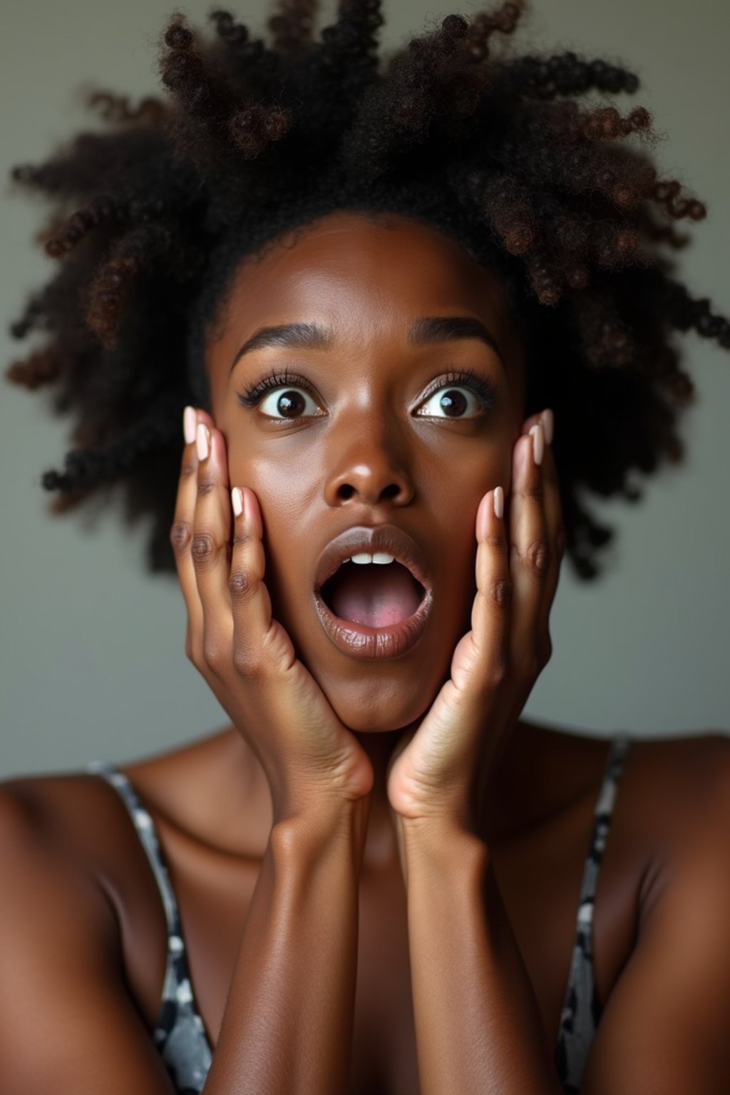 exaggerated faces of woman expressing shock holding own face in hands