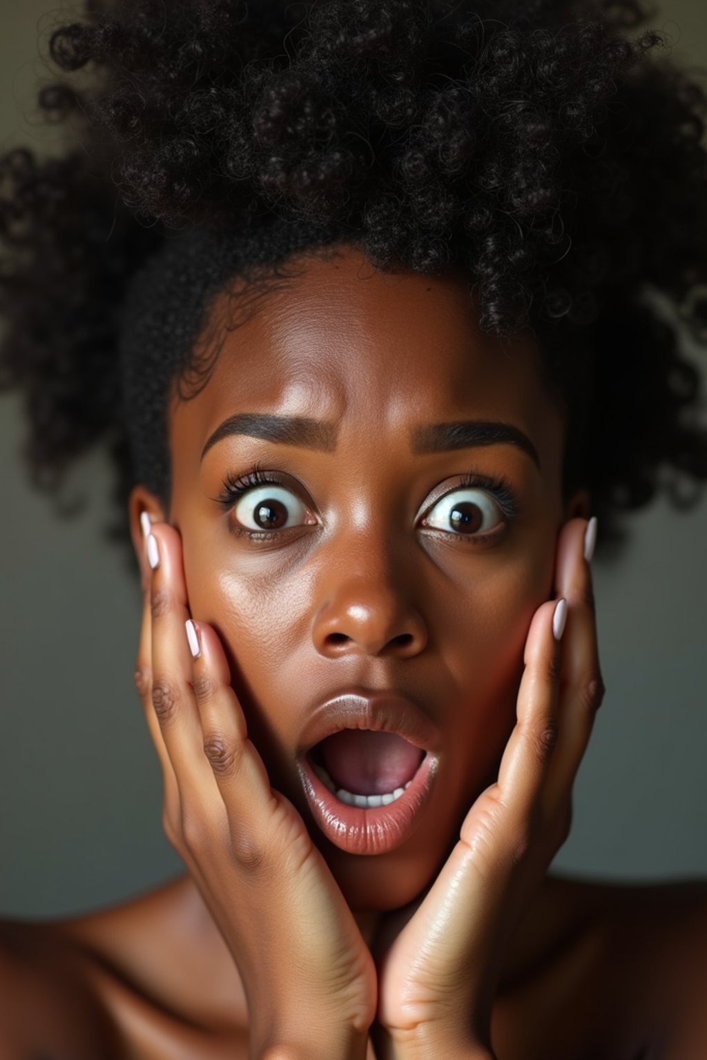 exaggerated faces of woman expressing shock holding own face in hands