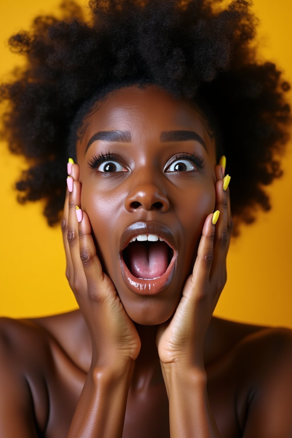 exaggerated faces of woman expressing shock holding own face in hands