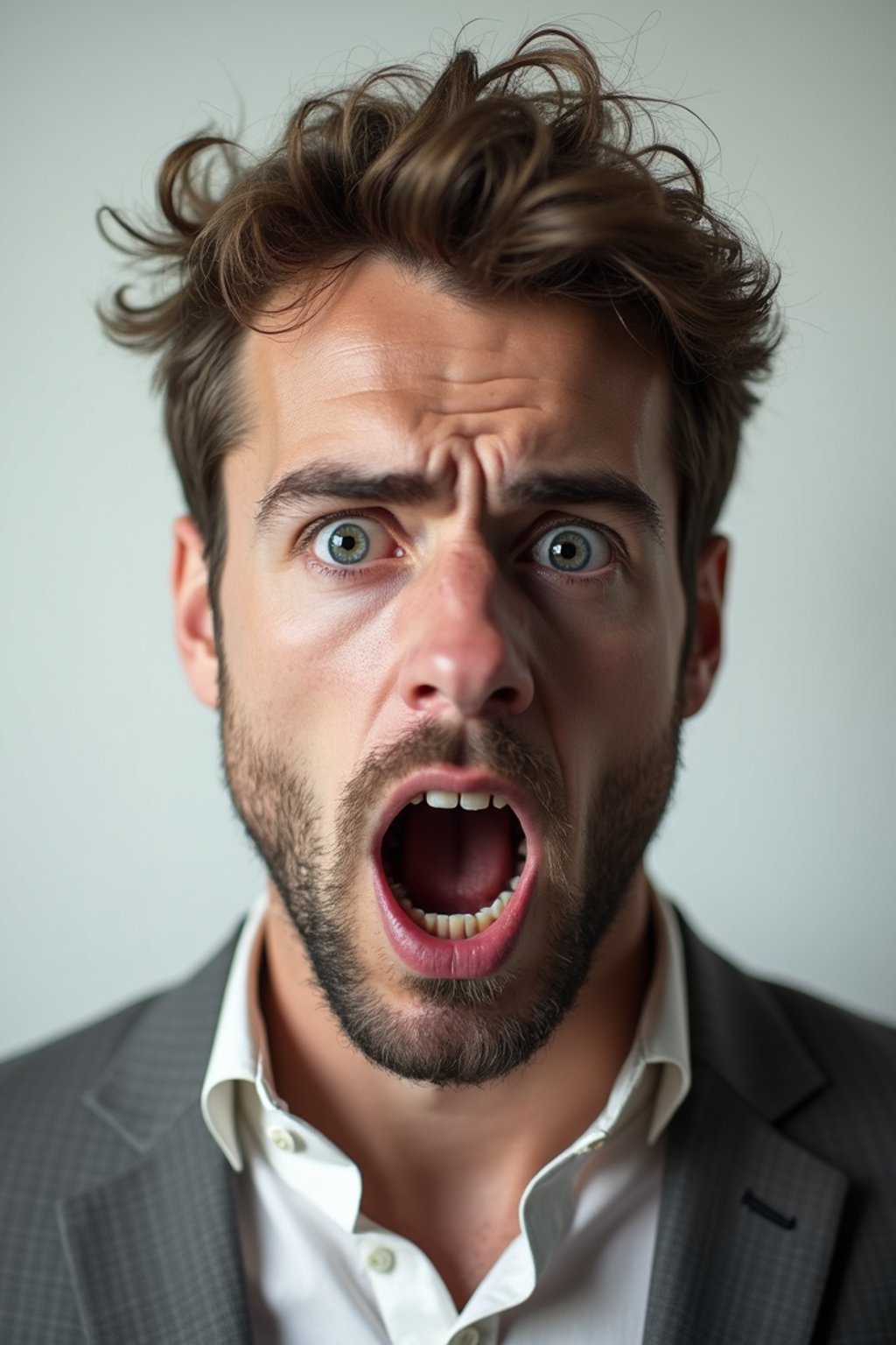 exaggerated scared shocked afraid frightened terrified anxious man, blank background