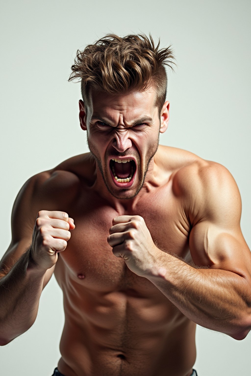 exaggerated angry furious rage man, blank background