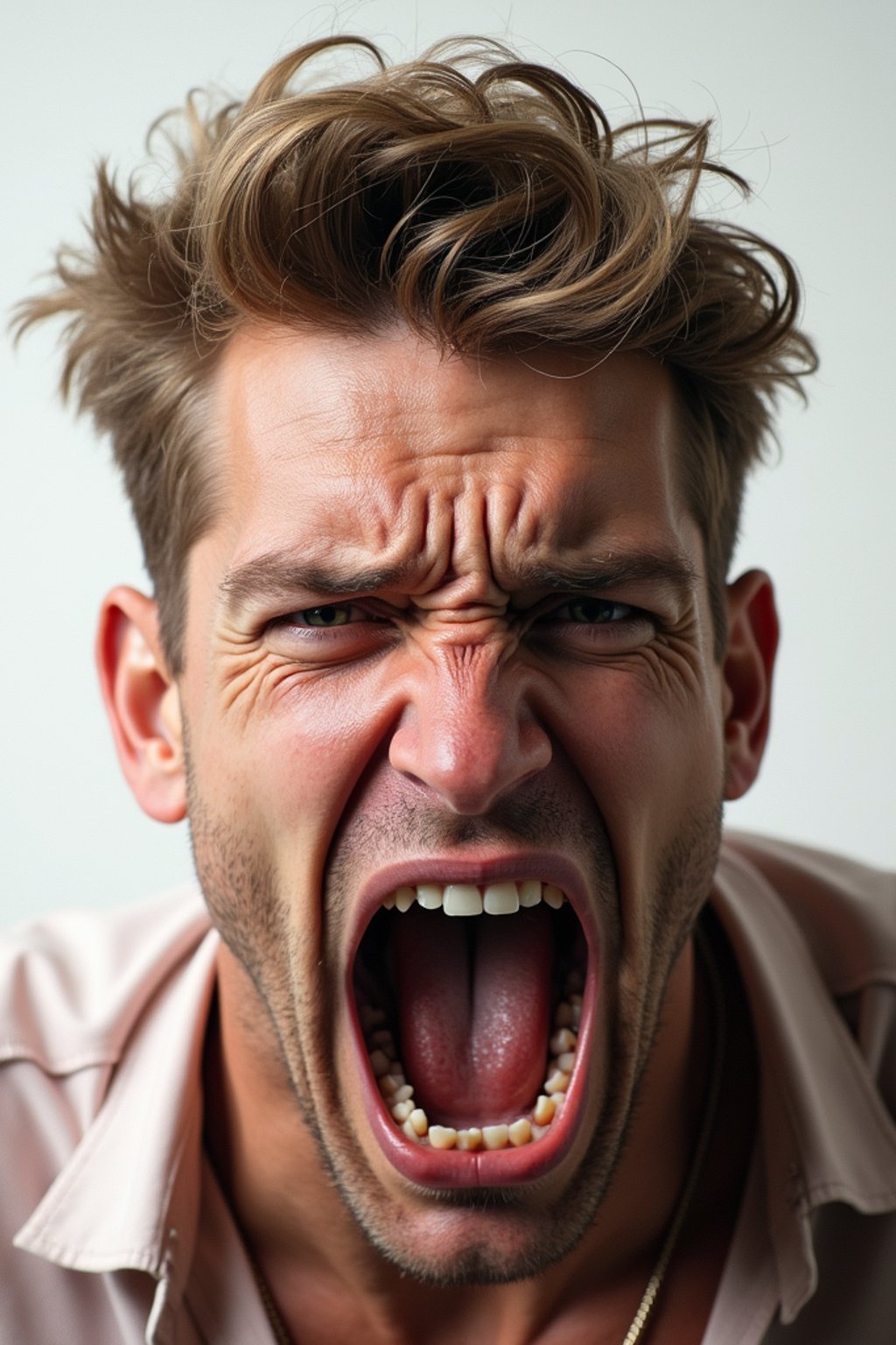 exaggerated angry furious rage man, blank background