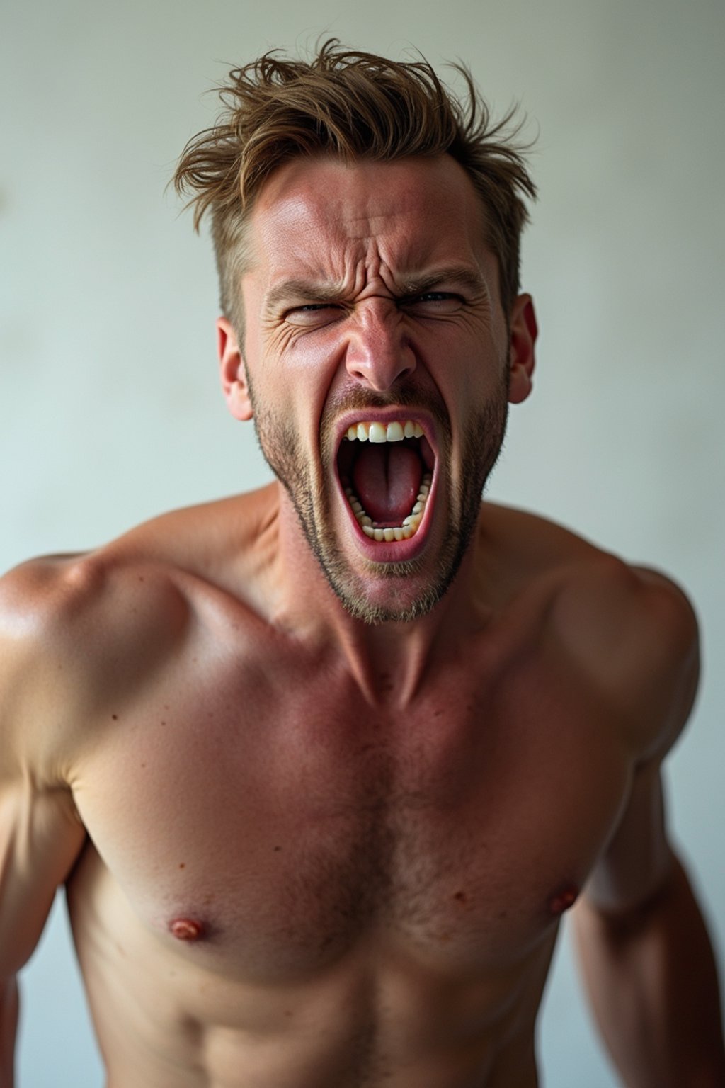 exaggerated angry furious rage man, blank background