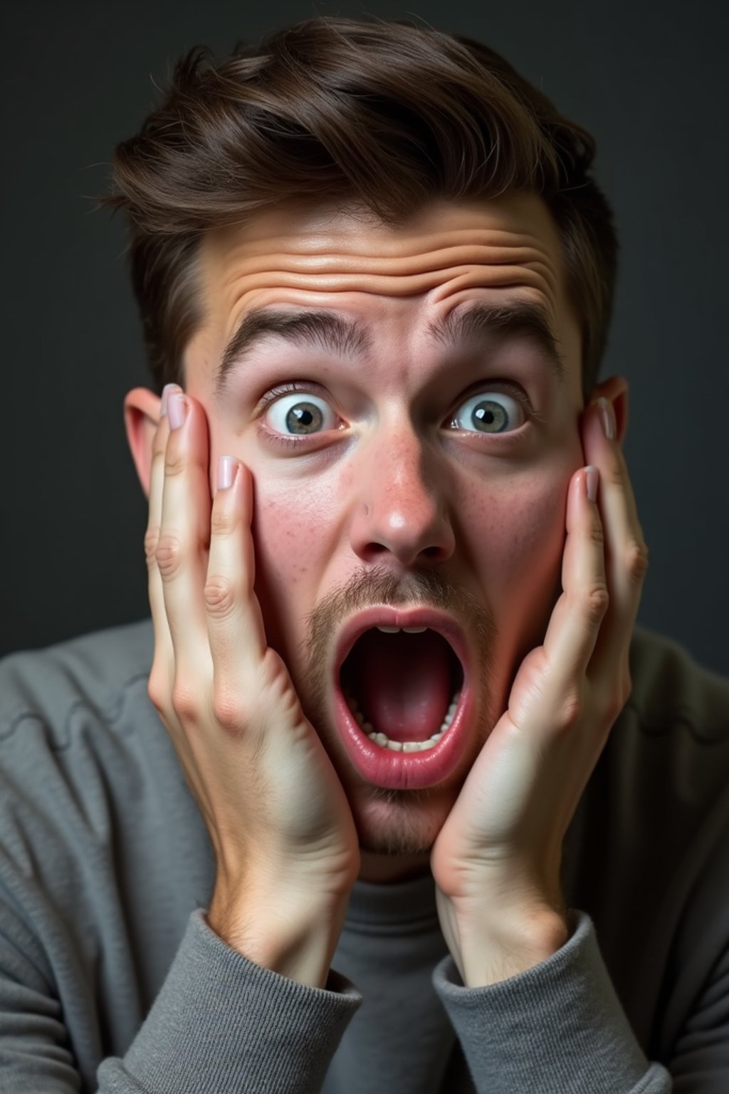 exaggerated faces of man expressing shock holding own face in hands