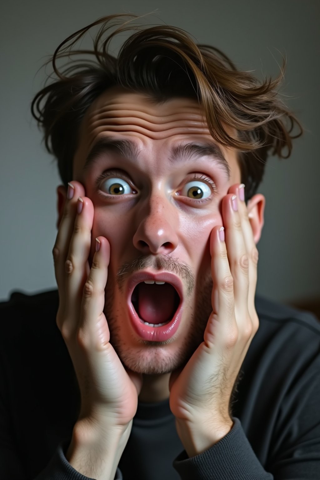 exaggerated faces of man expressing shock holding own face in hands