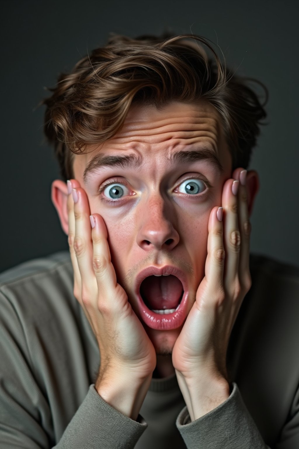 exaggerated faces of man expressing shock holding own face in hands