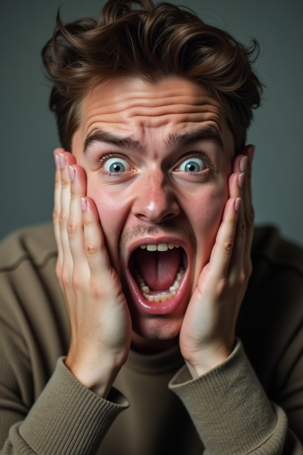 exaggerated faces of man expressing shock holding own face in hands