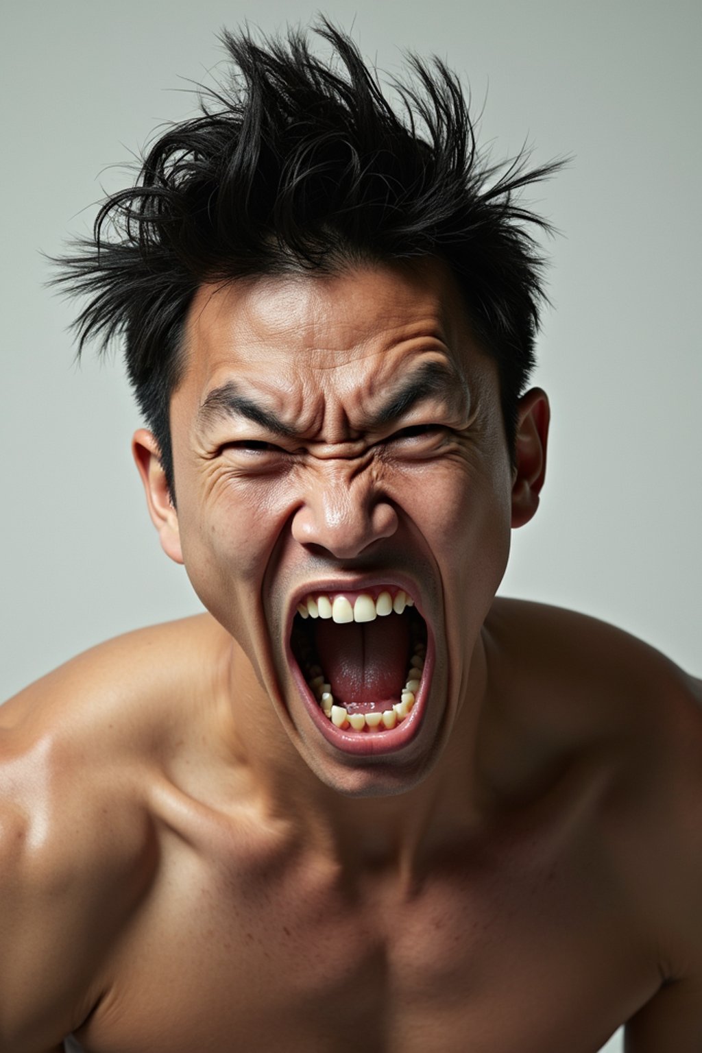 exaggerated angry furious rage man, blank background