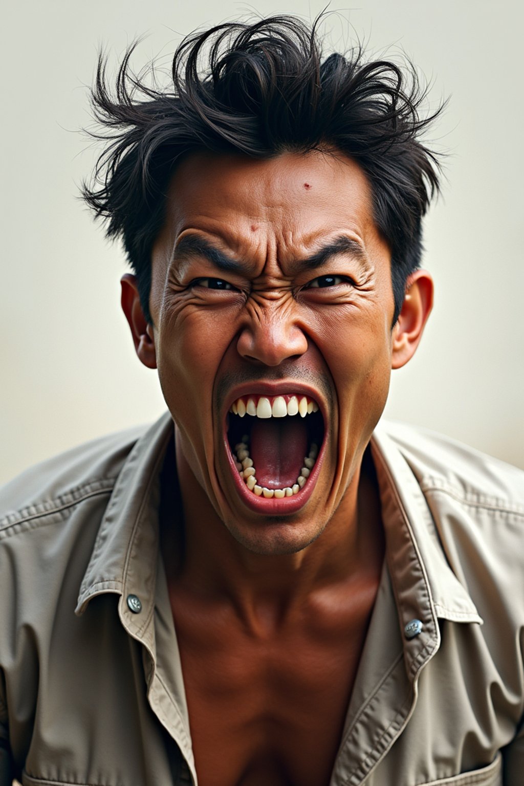 exaggerated angry furious rage man, blank background