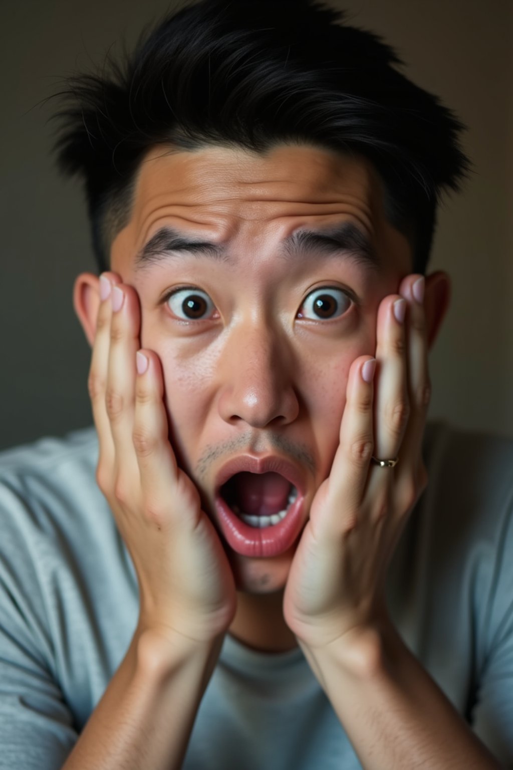 exaggerated faces of man expressing shock holding own face in hands