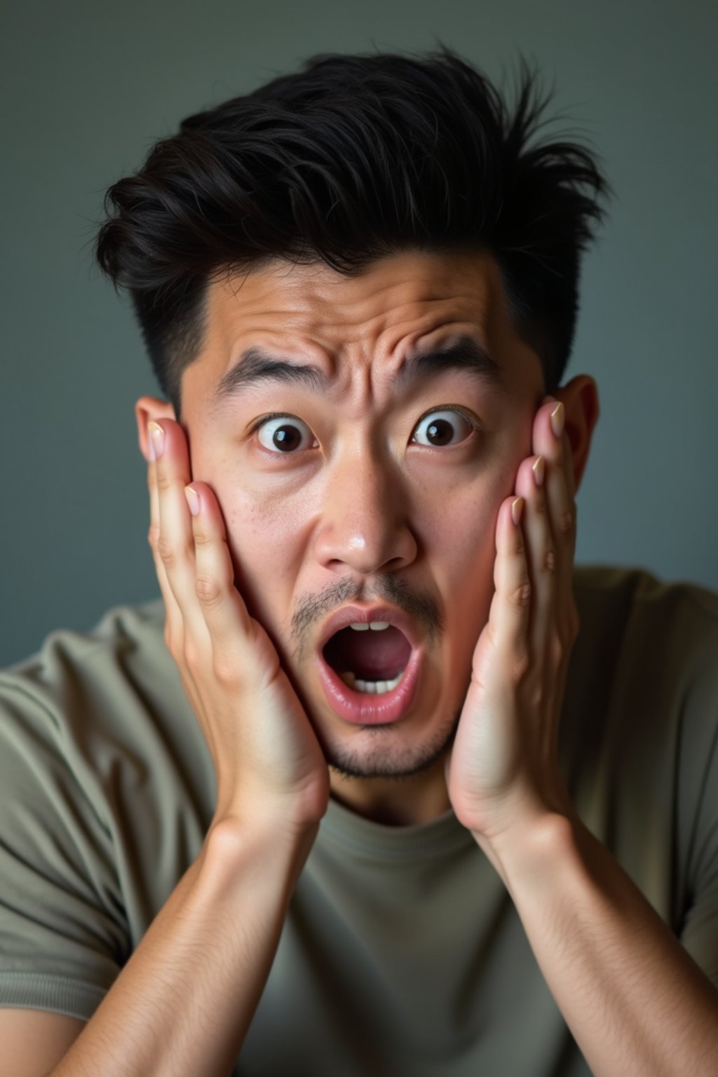 exaggerated faces of man expressing shock holding own face in hands