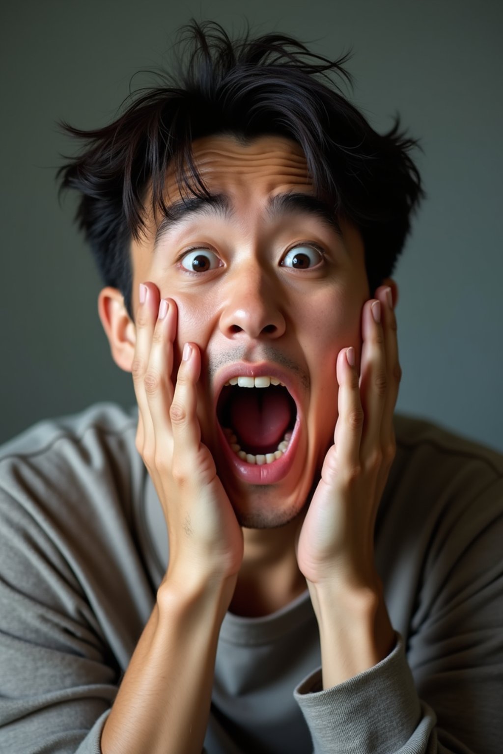 exaggerated faces of man expressing shock holding own face in hands