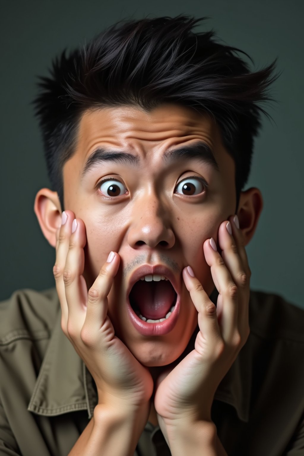 exaggerated faces of man expressing shock holding own face in hands