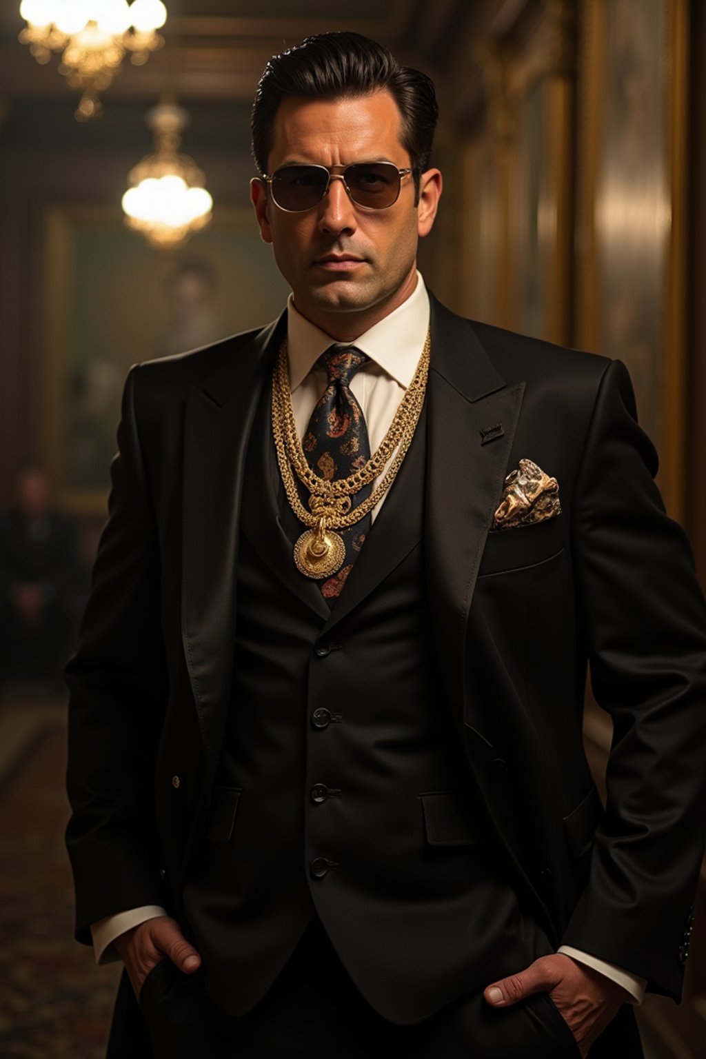 beautiful man as a mobster, mafia, mafia outfit, tailored suits, chunky gold jewelry, mafia aesthetic, flashy, glamorous, luxury, loud, Goodfellas, The Sopranos, Mob Wives, opulence, confidence