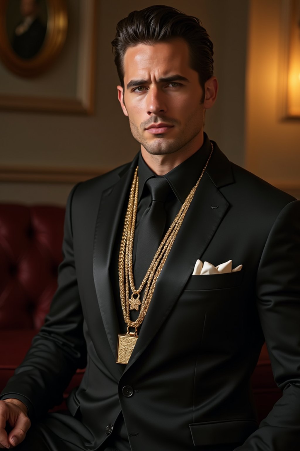 beautiful man as a mobster, mafia, mafia outfit, tailored suits, chunky gold jewelry, mafia aesthetic, flashy, glamorous, luxury, loud, Goodfellas, The Sopranos, Mob Wives, opulence, confidence