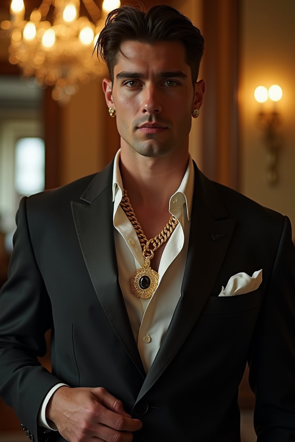 beautiful man as a mobster, mafia, mafia outfit, tailored suits, chunky gold jewelry, mafia aesthetic, flashy, glamorous, luxury, loud, Goodfellas, The Sopranos, Mob Wives, opulence, confidence