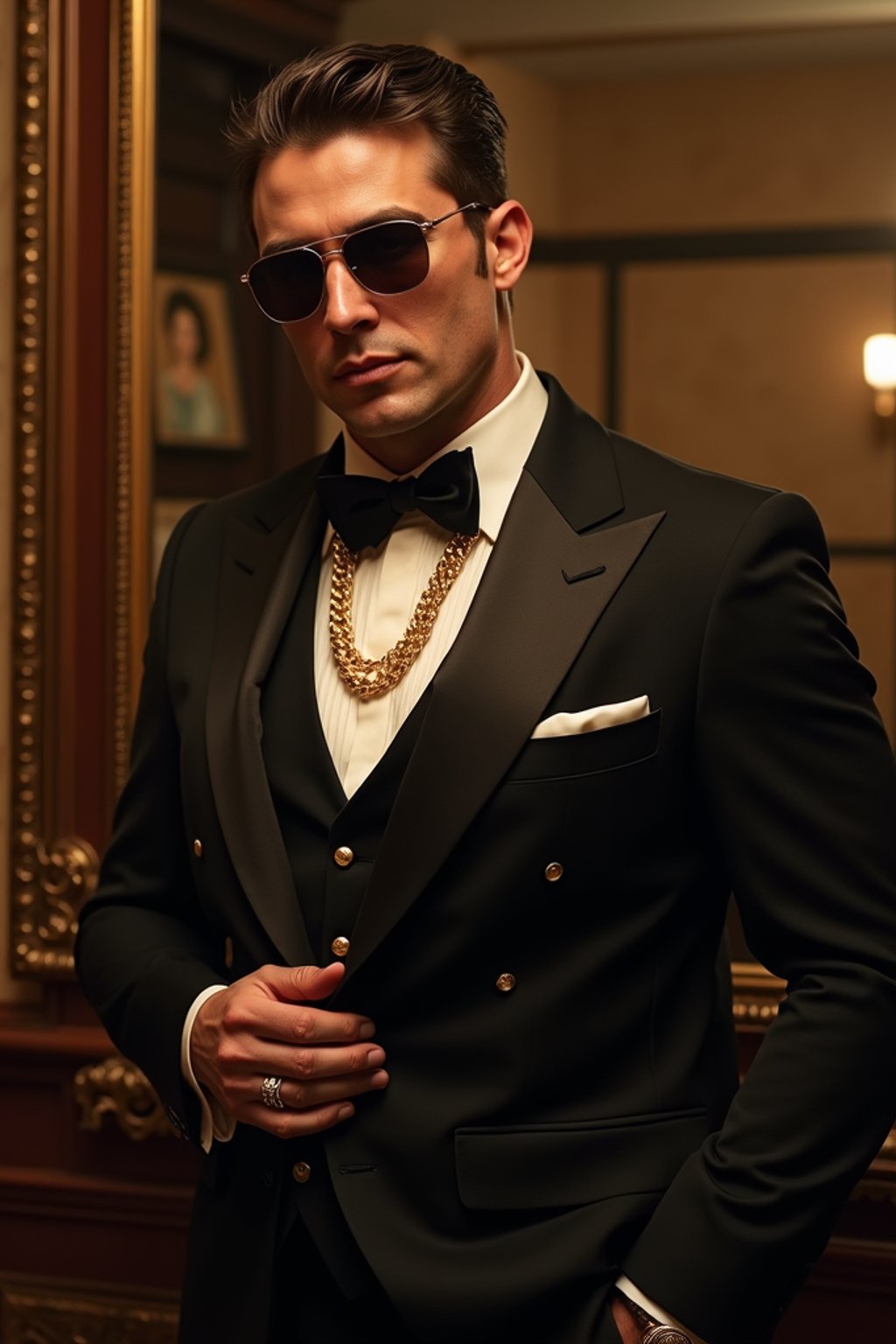 beautiful man as a mobster, mafia, mafia outfit, tailored suits, chunky gold jewelry, mafia aesthetic, flashy, glamorous, luxury, loud, Goodfellas, The Sopranos, Mob Wives, opulence, confidence