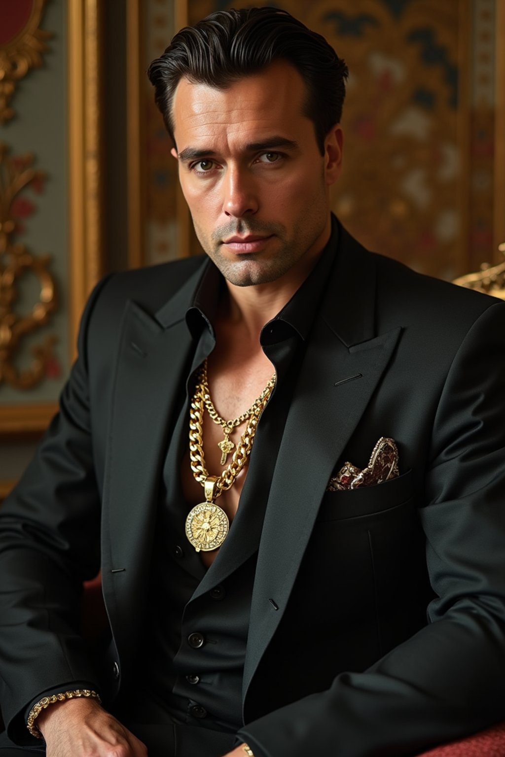 beautiful man as a mobster, mafia, mafia outfit, tailored suits, chunky gold jewelry, mafia aesthetic, flashy, glamorous, luxury, loud, Goodfellas, The Sopranos, Mob Wives, opulence, confidence