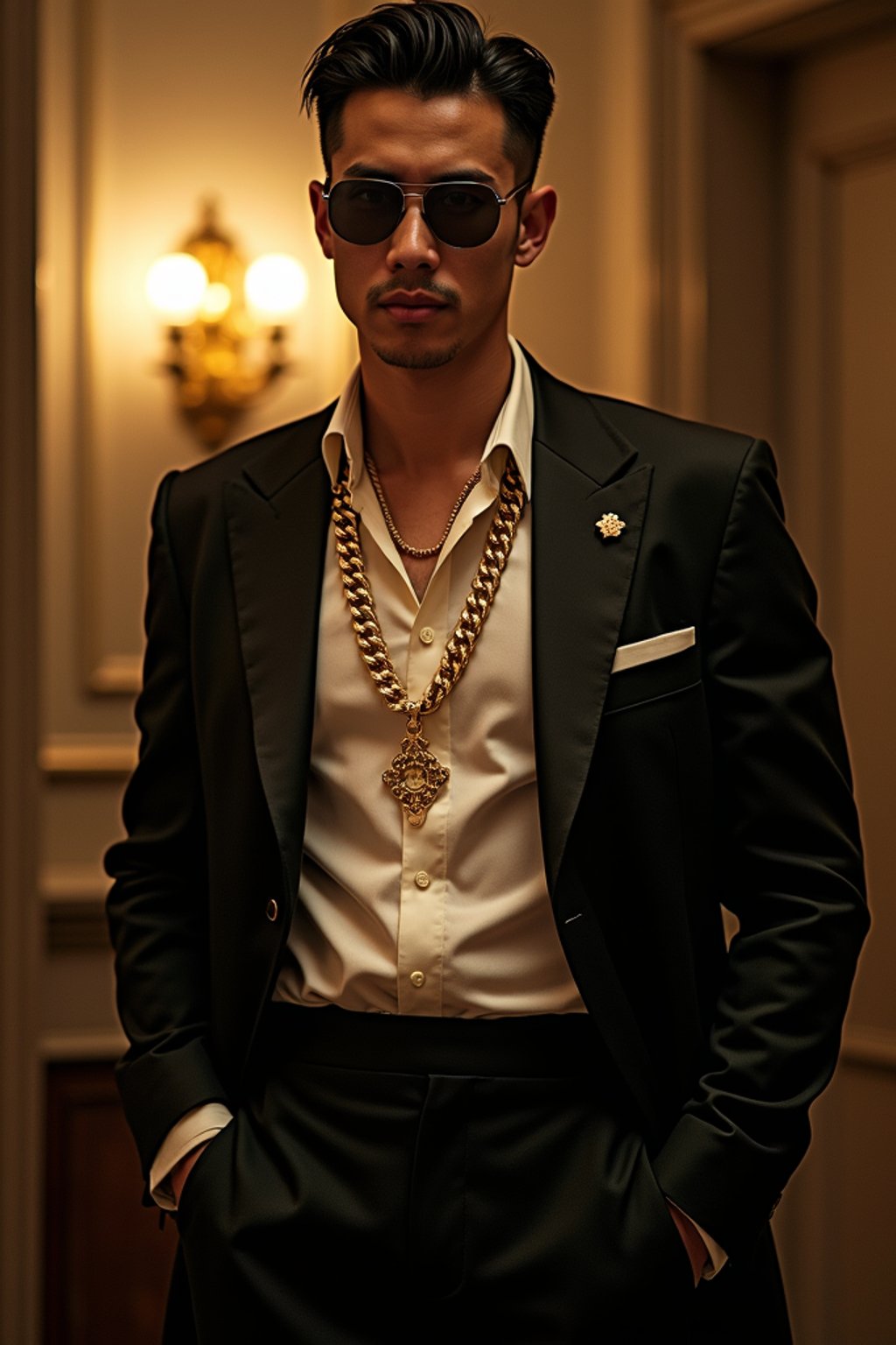 beautiful man as a mobster, mafia, mafia outfit, tailored suits, chunky gold jewelry, mafia aesthetic, flashy, glamorous, luxury, loud, Goodfellas, The Sopranos, Mob Wives, opulence, confidence