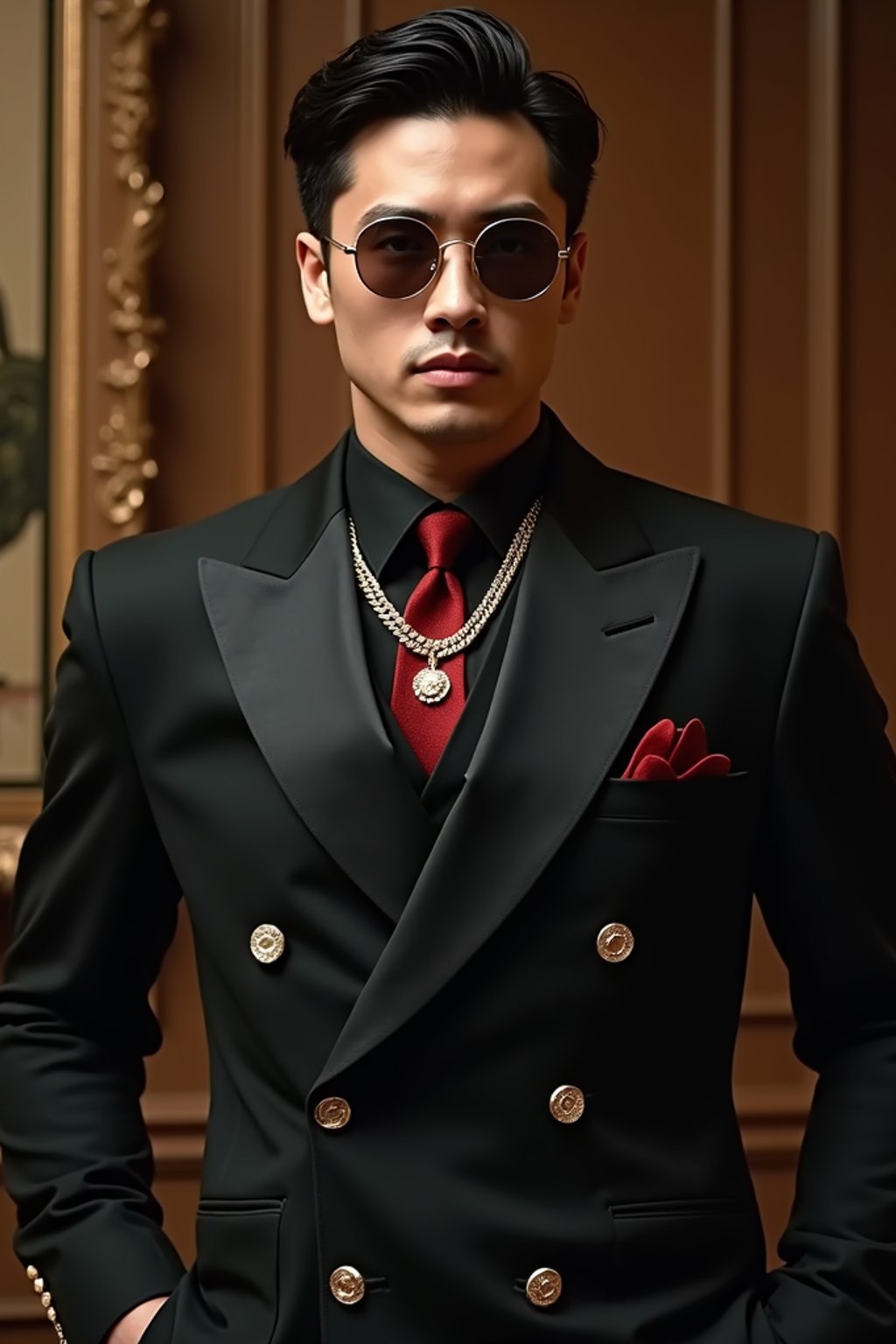 beautiful man as a mobster, mafia, mafia outfit, tailored suits, chunky gold jewelry, mafia aesthetic, flashy, glamorous, luxury, loud, Goodfellas, The Sopranos, Mob Wives, opulence, confidence