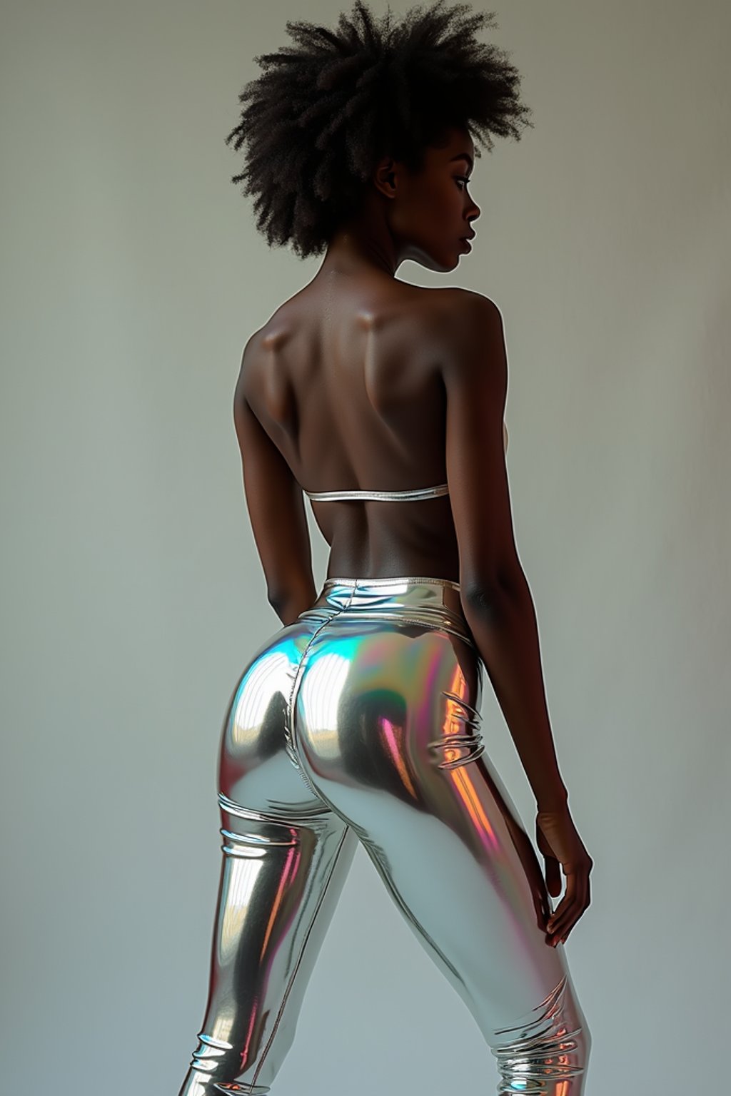 full body photo side view of woman posing for photo. she is wearing holographic skin tight, glossy reflective pants that mirrors the surroundings. she is posed in a way that emphasizes their exaggerated, idealized body shapes, exaggerated buttocks.