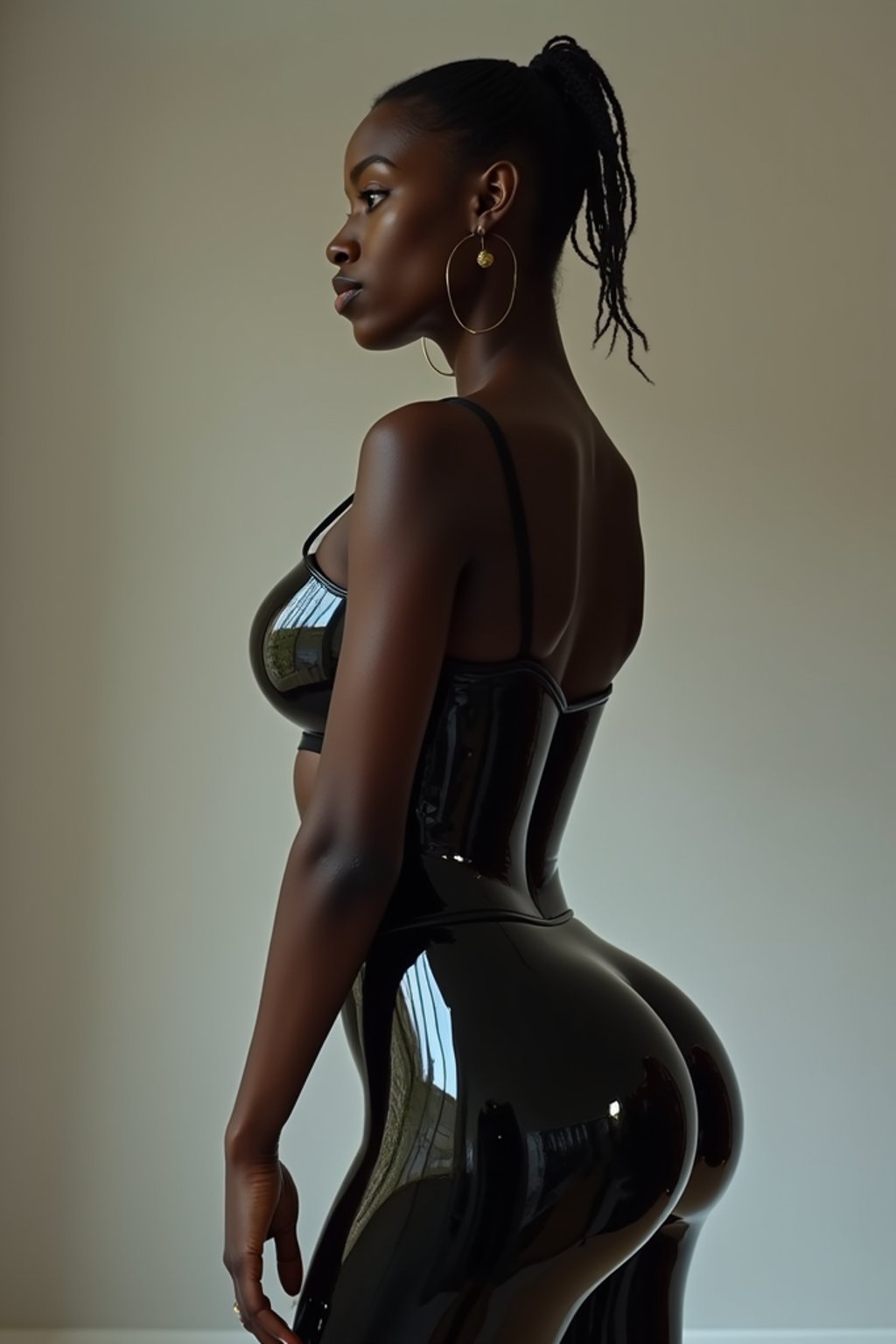 full body photo side view of woman posing for photo. she is wearing black skin tight, glossy reflective pants that mirrors the surroundings. she is posed in a way that emphasizes their exaggerated, idealized body shapes, exaggerated buttocks.