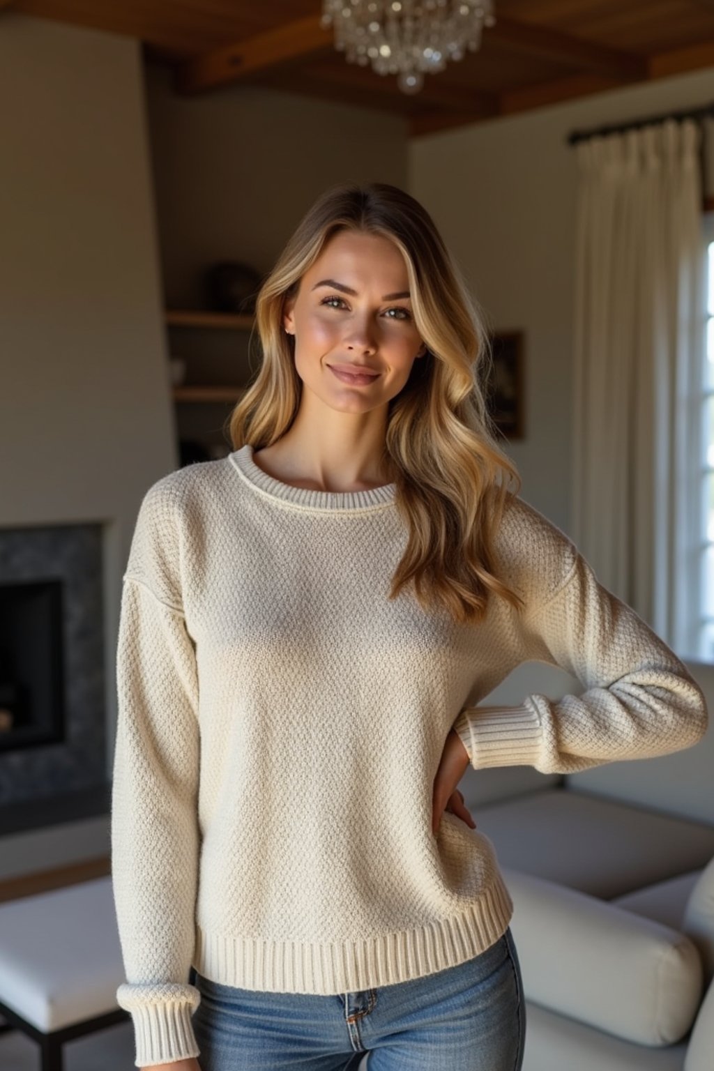 a woman wearing knitted sweater) in luxury villa living room, instagram photo, instagram, hourglass figure