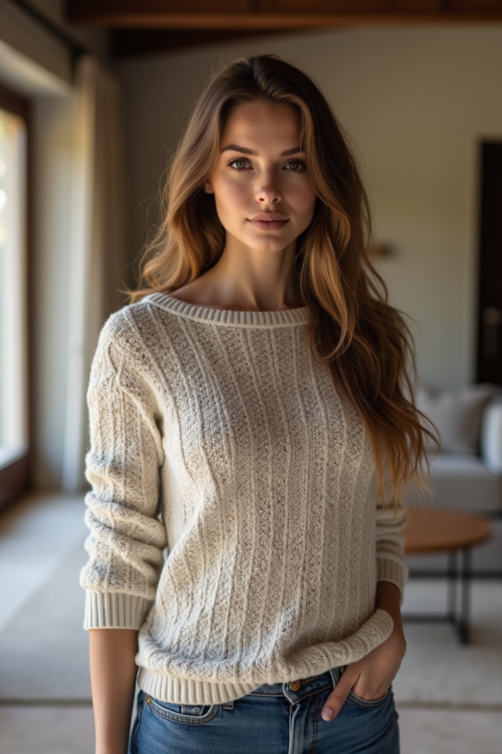 a woman wearing knitted sweater) in luxury villa living room, instagram photo, instagram, hourglass figure