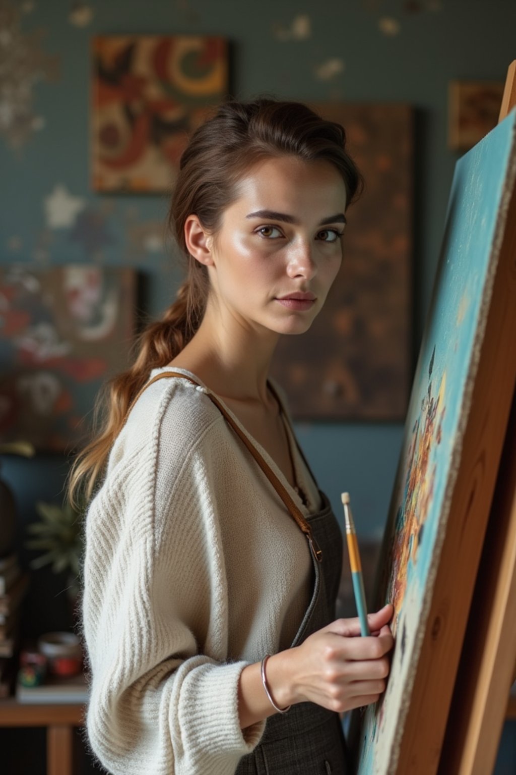 a woman as artistic painter in  art studio with wooden easel and paint