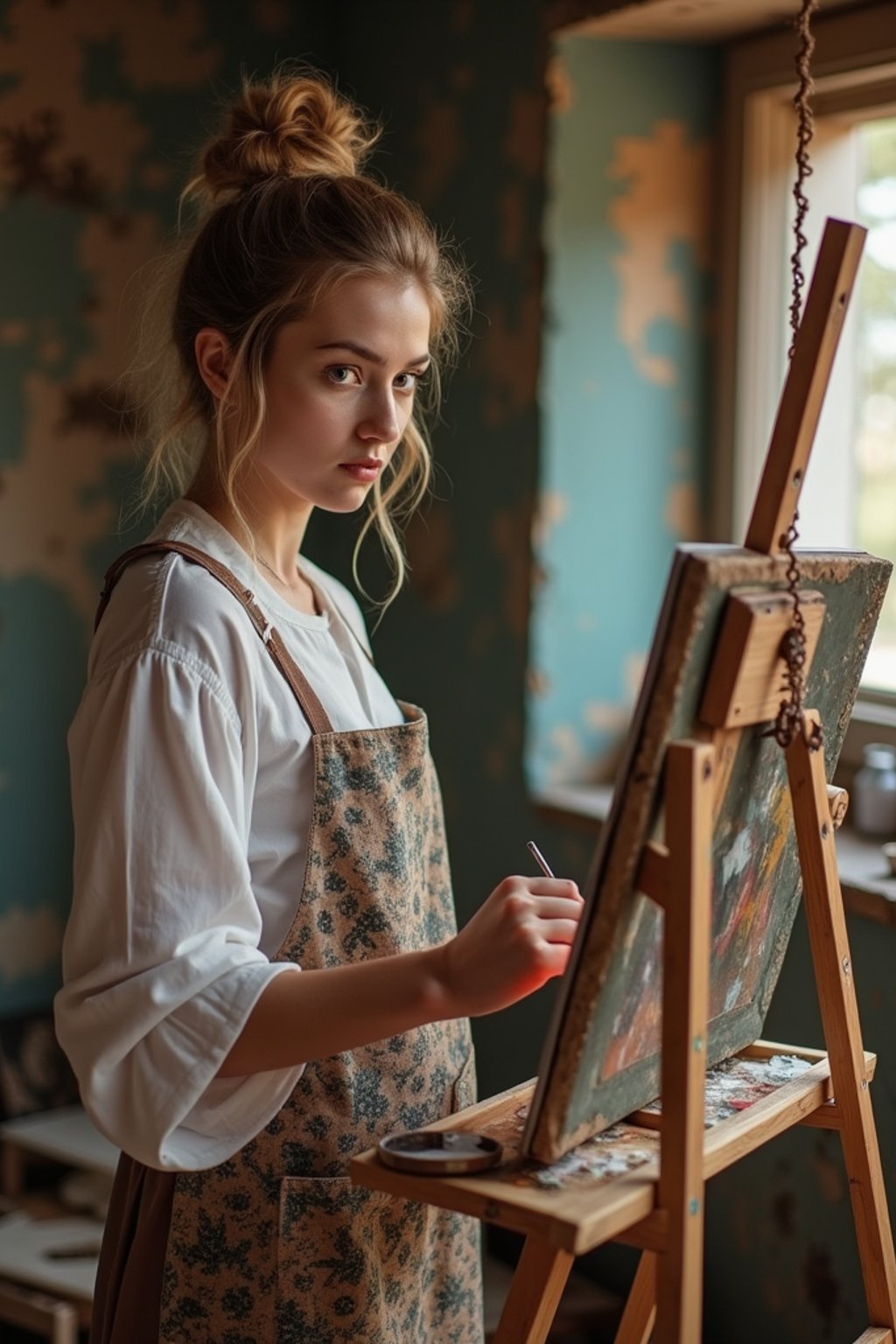 a woman as artistic painter in  art studio with wooden easel and paint