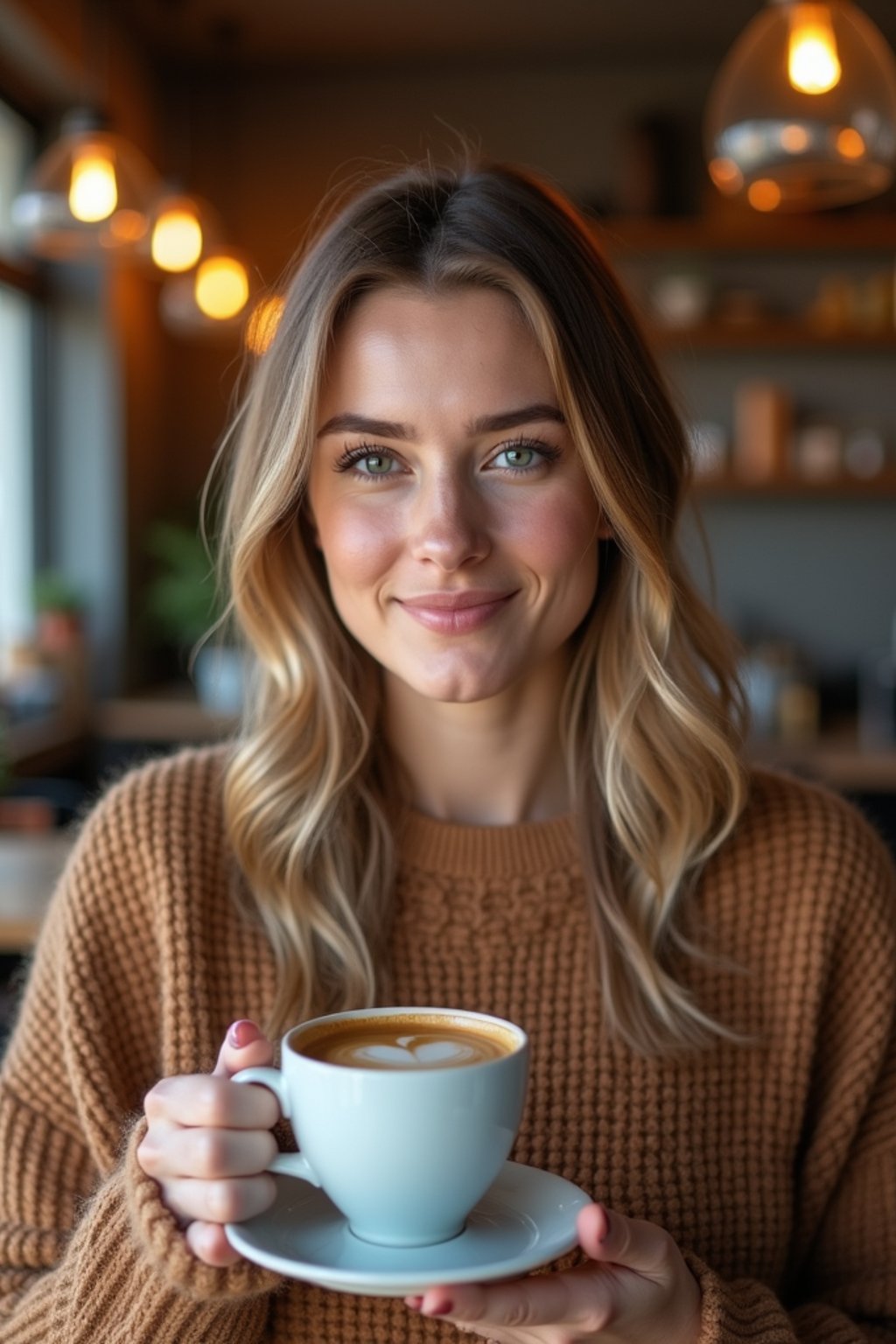 woman in a trendy café, holding a freshly brewed cup of coffee