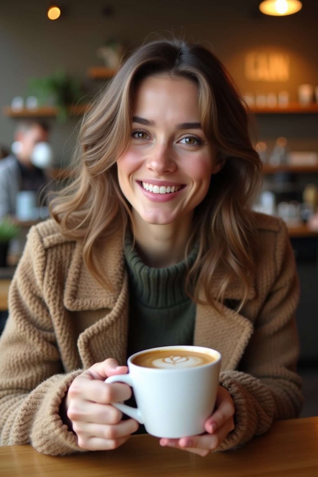 woman in a trendy café, holding a freshly brewed cup of coffee