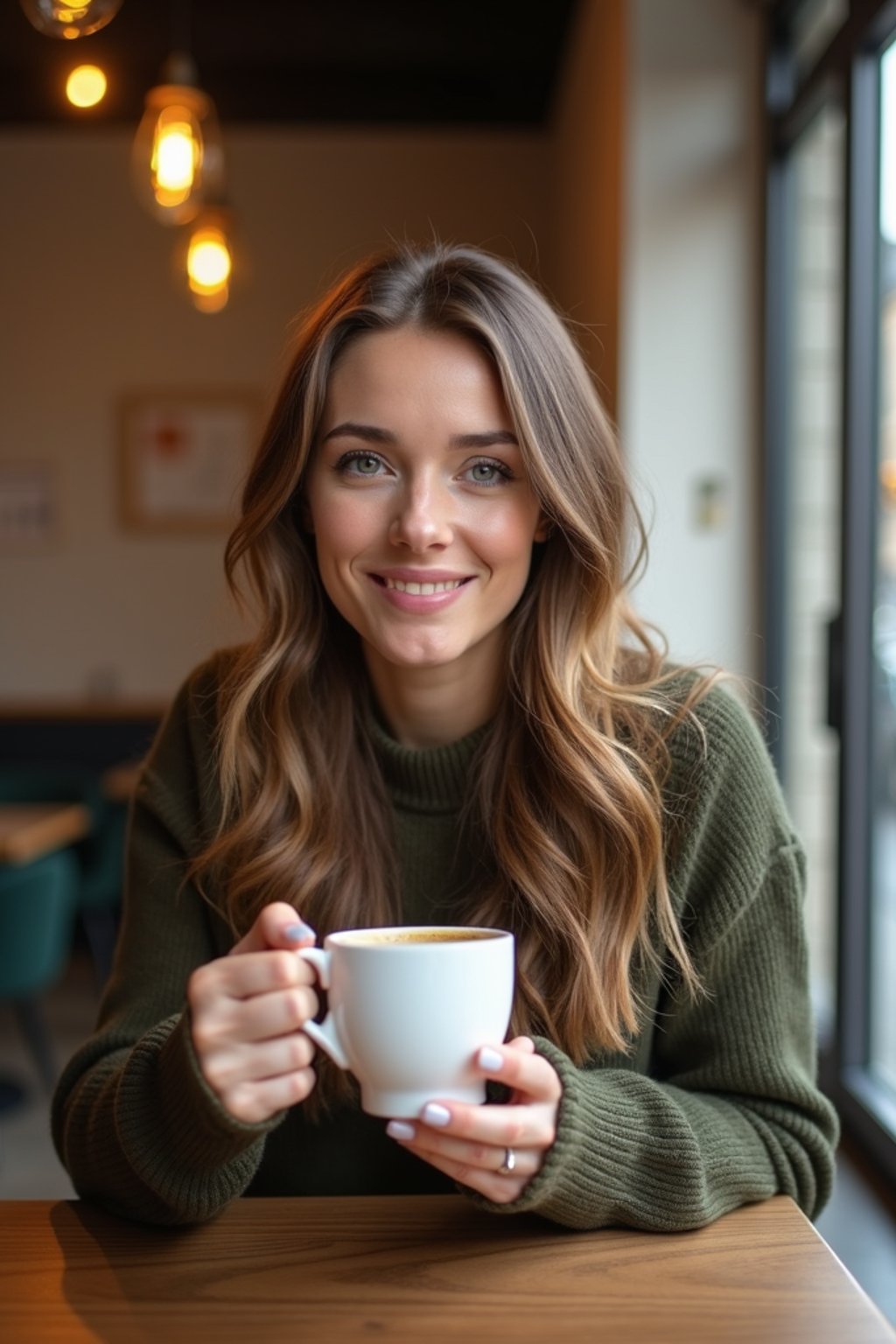 woman in a trendy café, holding a freshly brewed cup of coffee