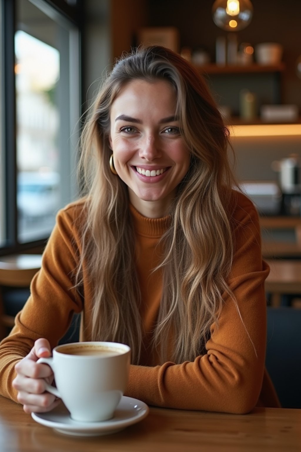 woman in a trendy café, holding a freshly brewed cup of coffee