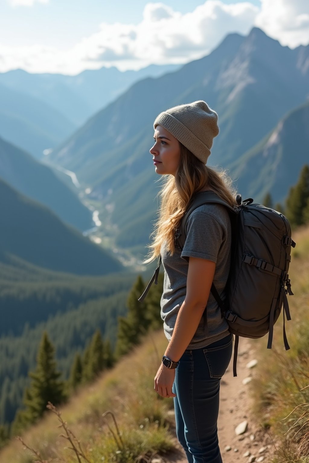 woman on a hiking trail, overlooking a breathtaking mountain landscape