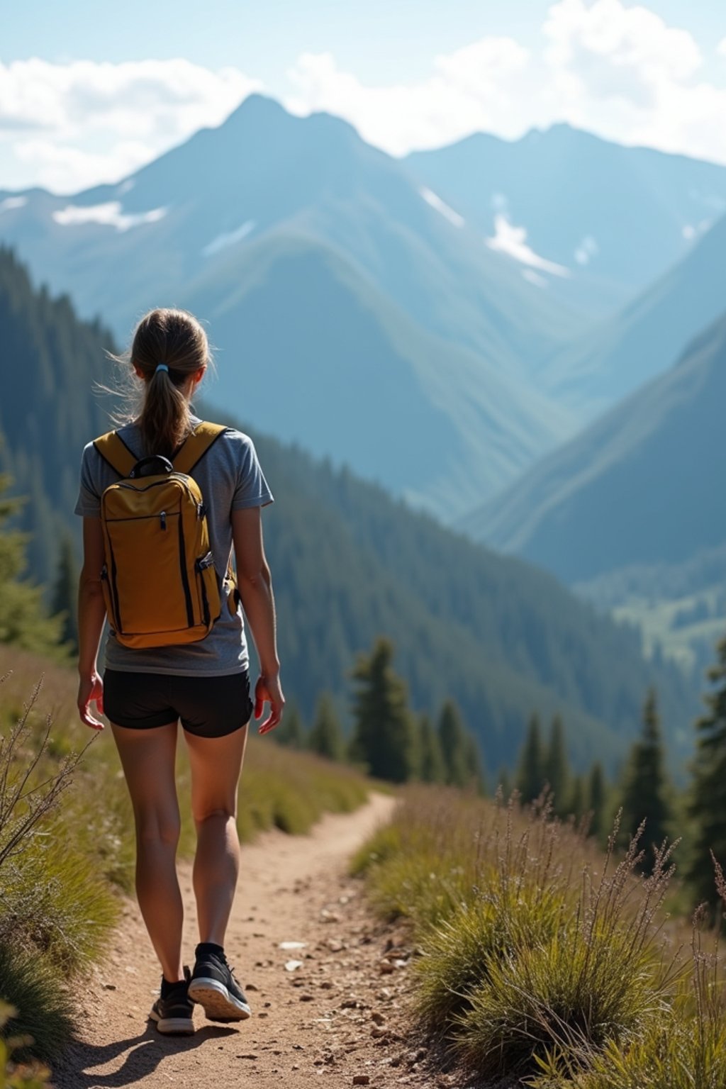 woman on a hiking trail, overlooking a breathtaking mountain landscape