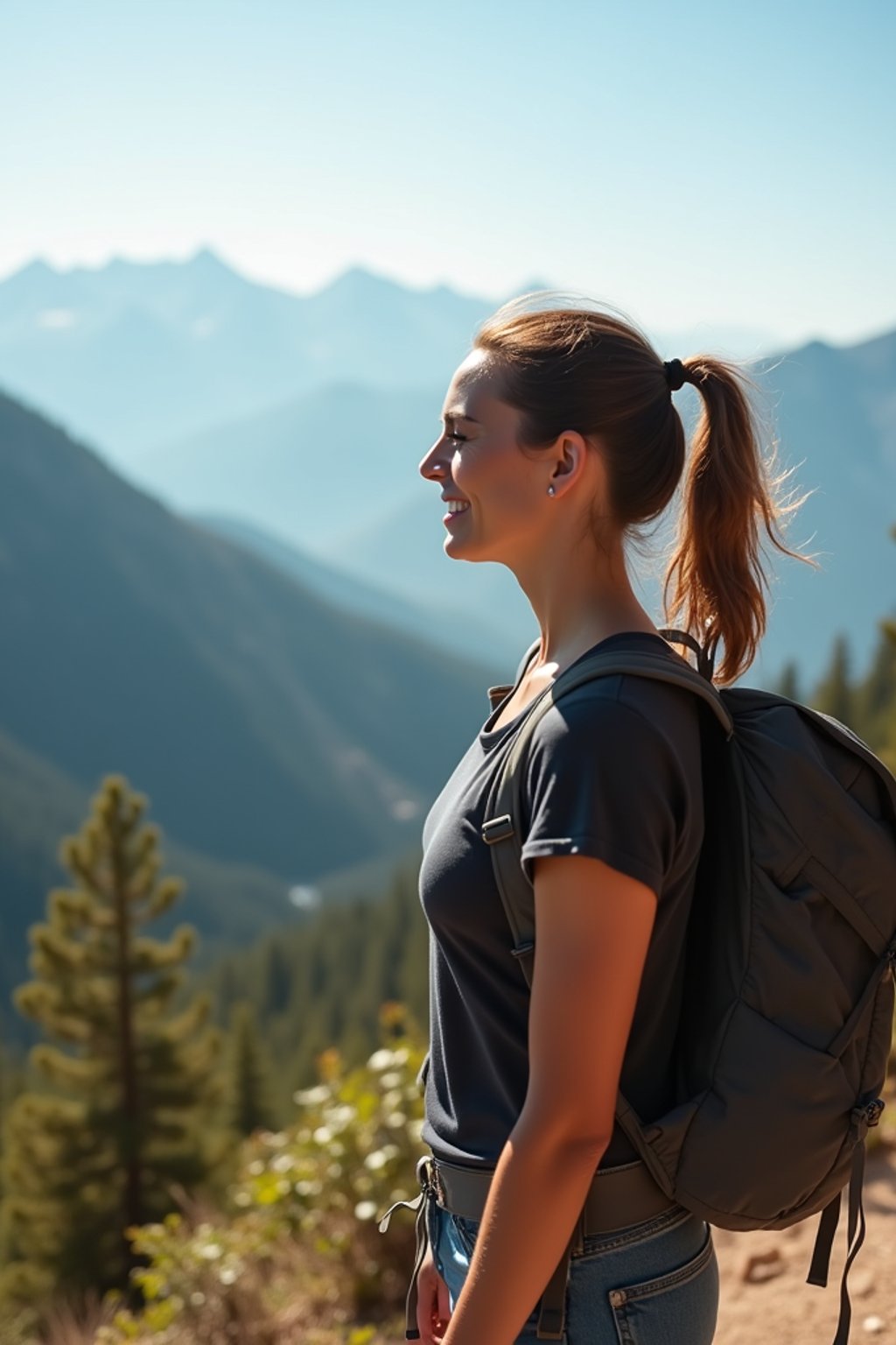 woman on a hiking trail, overlooking a breathtaking mountain landscape