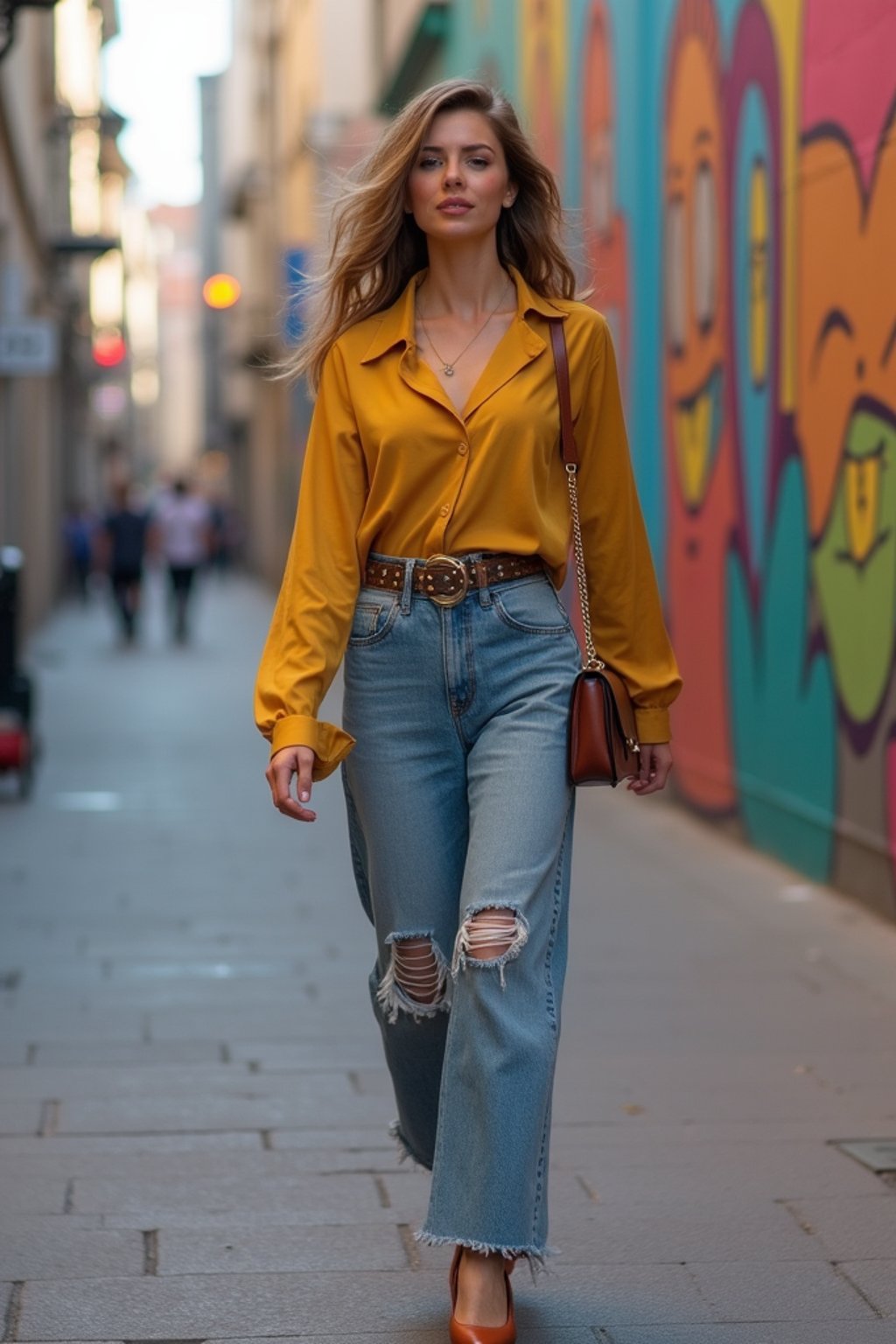 woman wearing a trendy outfit, walking down a street lined with colorful murals