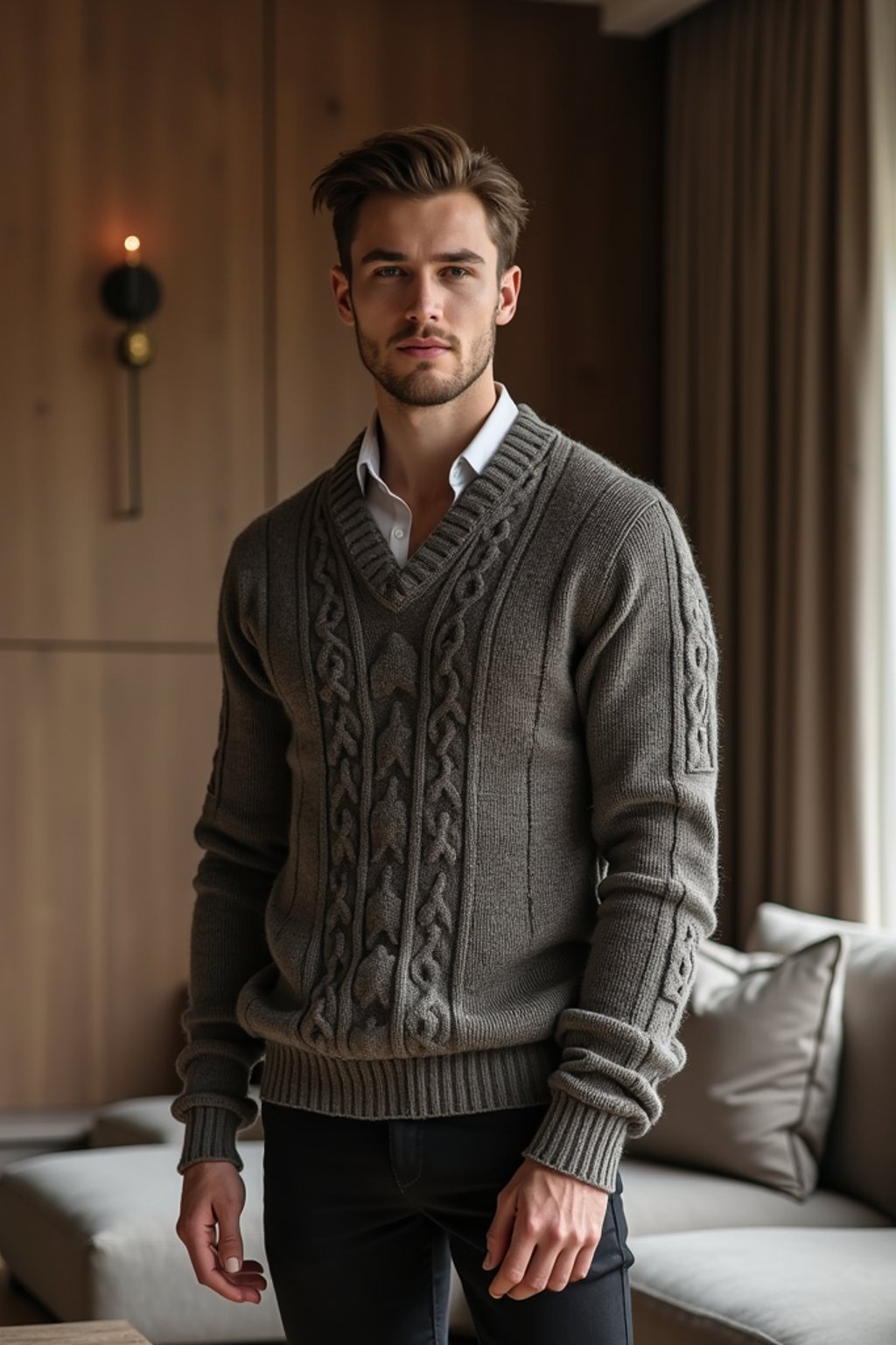 a man wearing knitted sweater) in luxury villa living room, instagram photo, instagram,  fit body